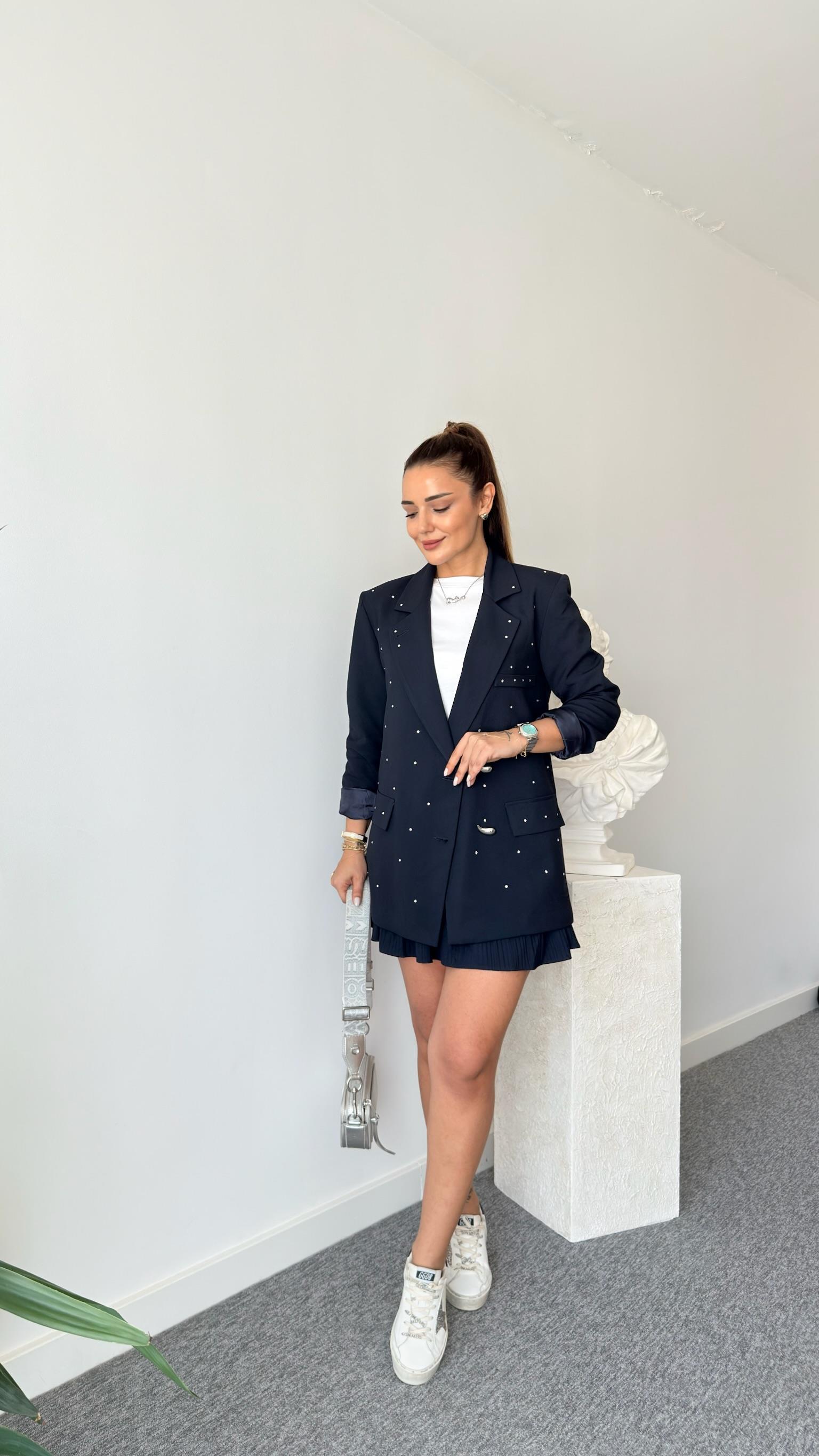 Lacivert Sia Taş Detaylı Blazer Ceket