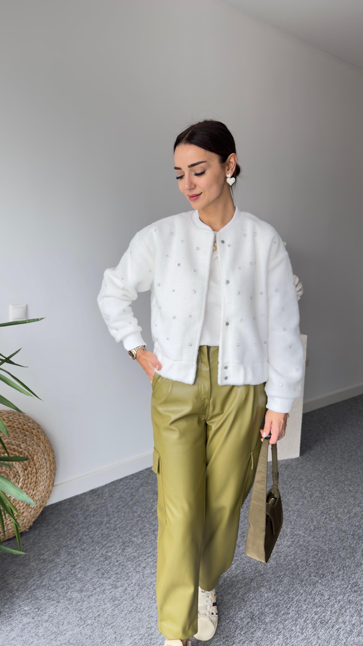 Cylie Zra Model Taşlı Ekru Bomber Ceket