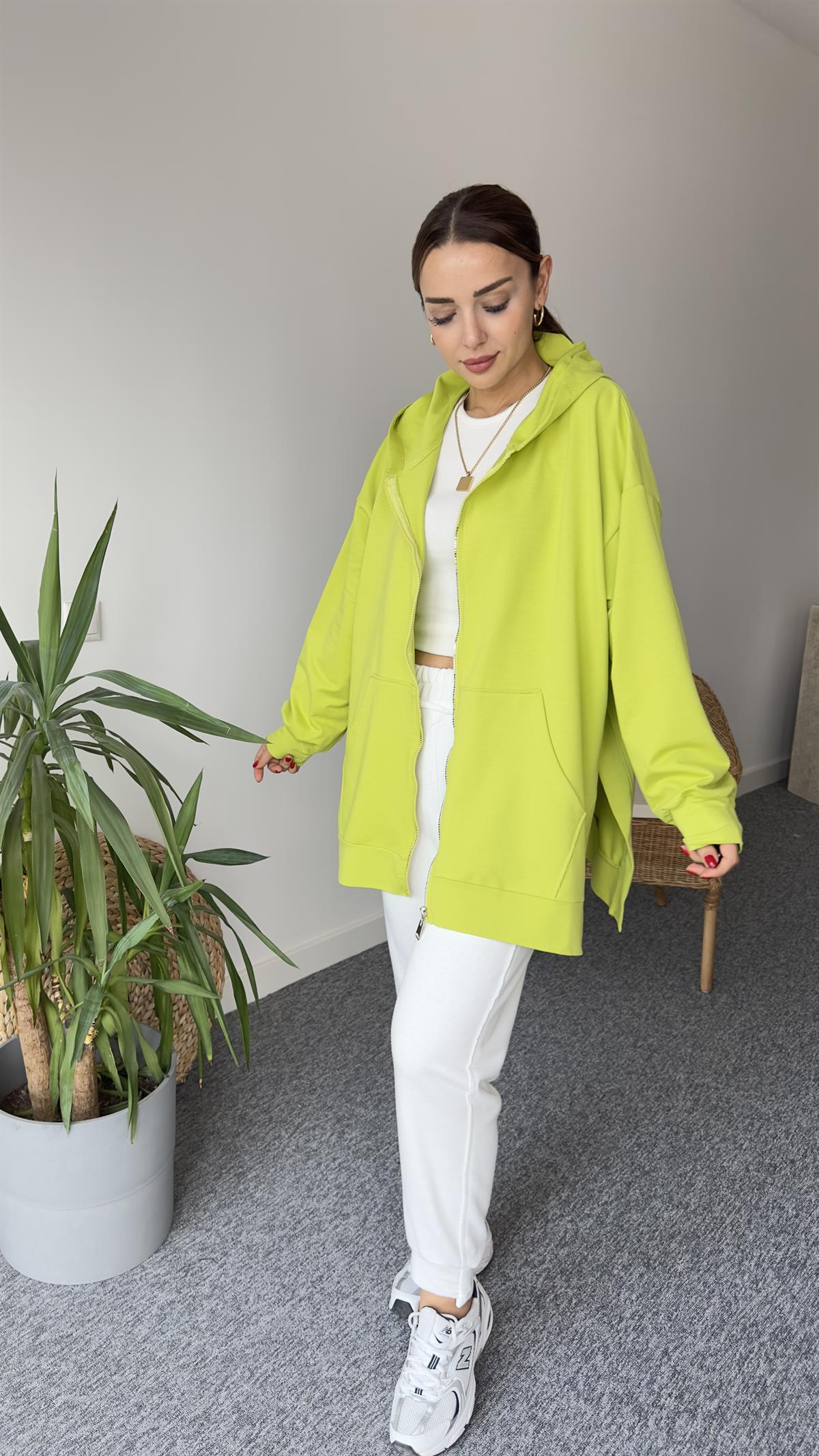 İki İplik Yanları Yırtmaçlı Olive Sweat