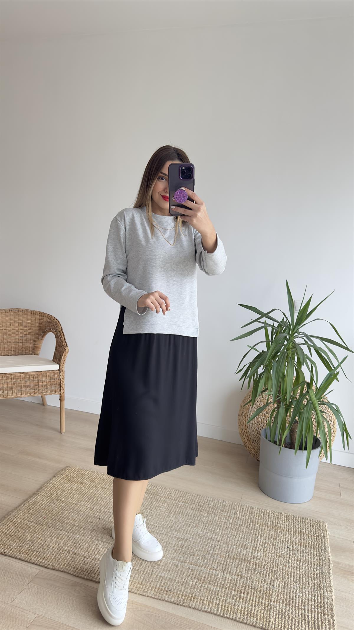 Viskon Detaylı Gri Sweat Elbise 