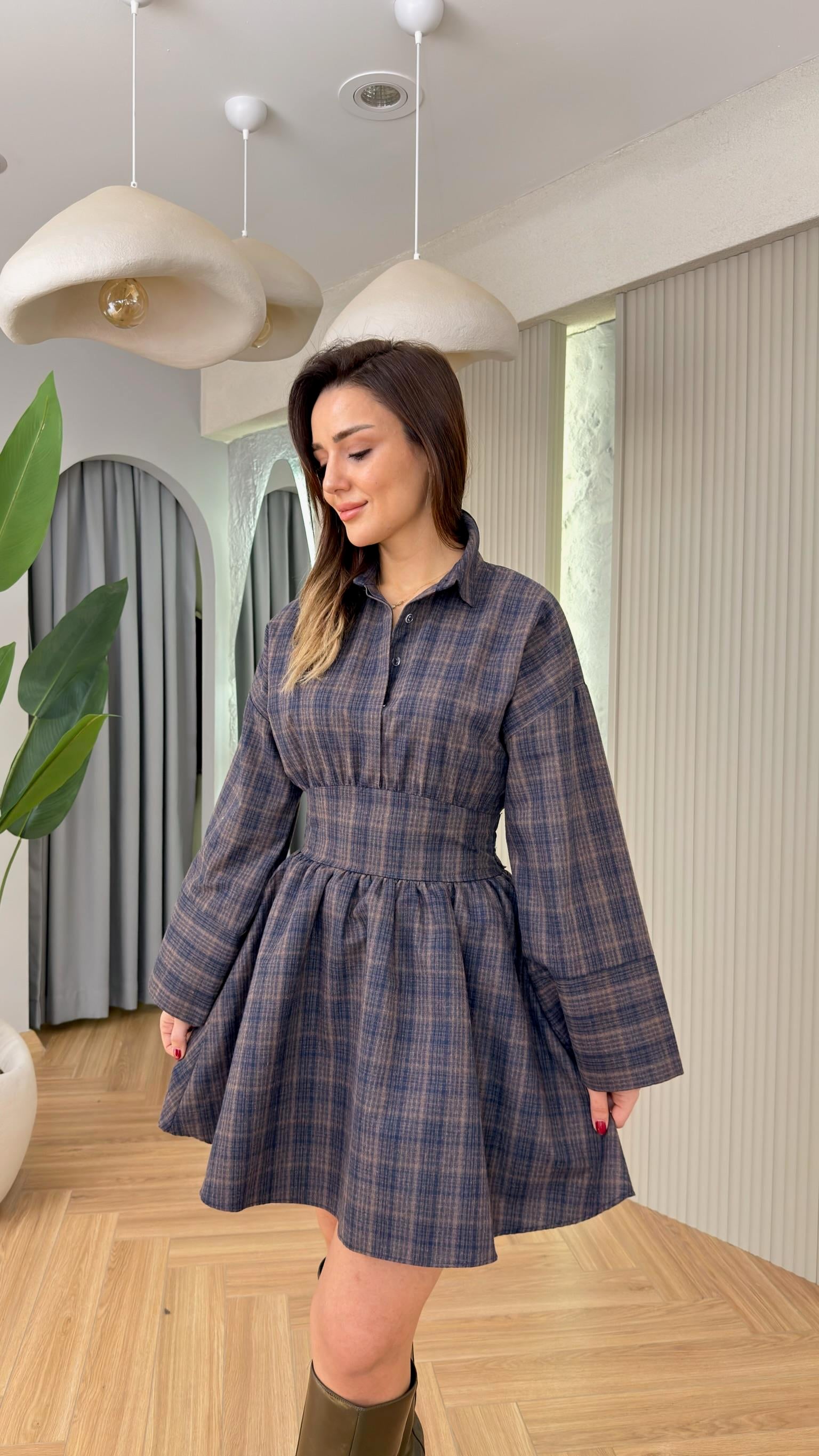 Bel Detaylı Laci Ekose Geçişli Elbise