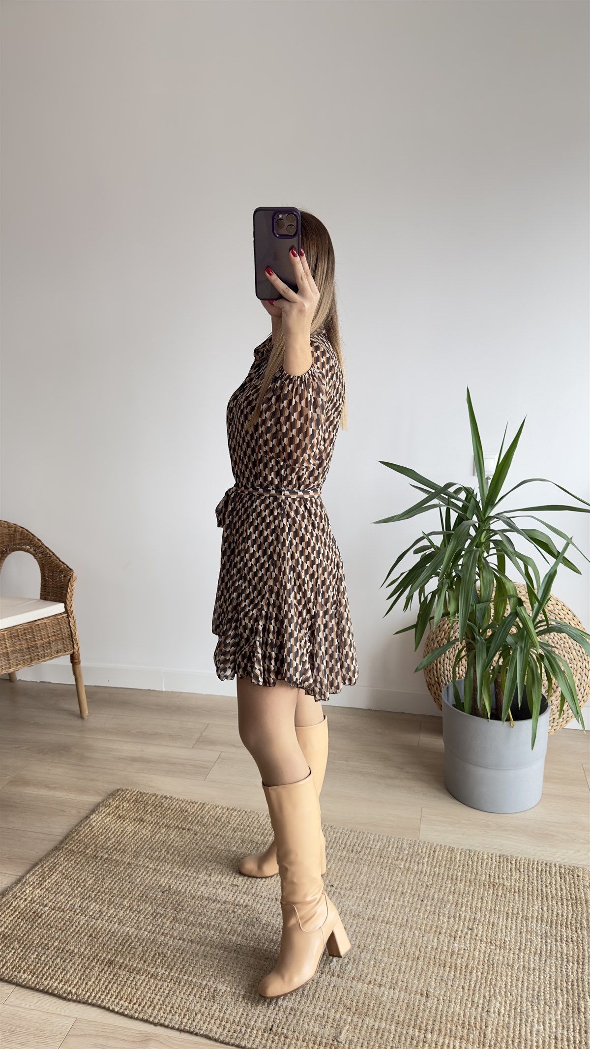 Zra Model Desenli Kahve Elbise 