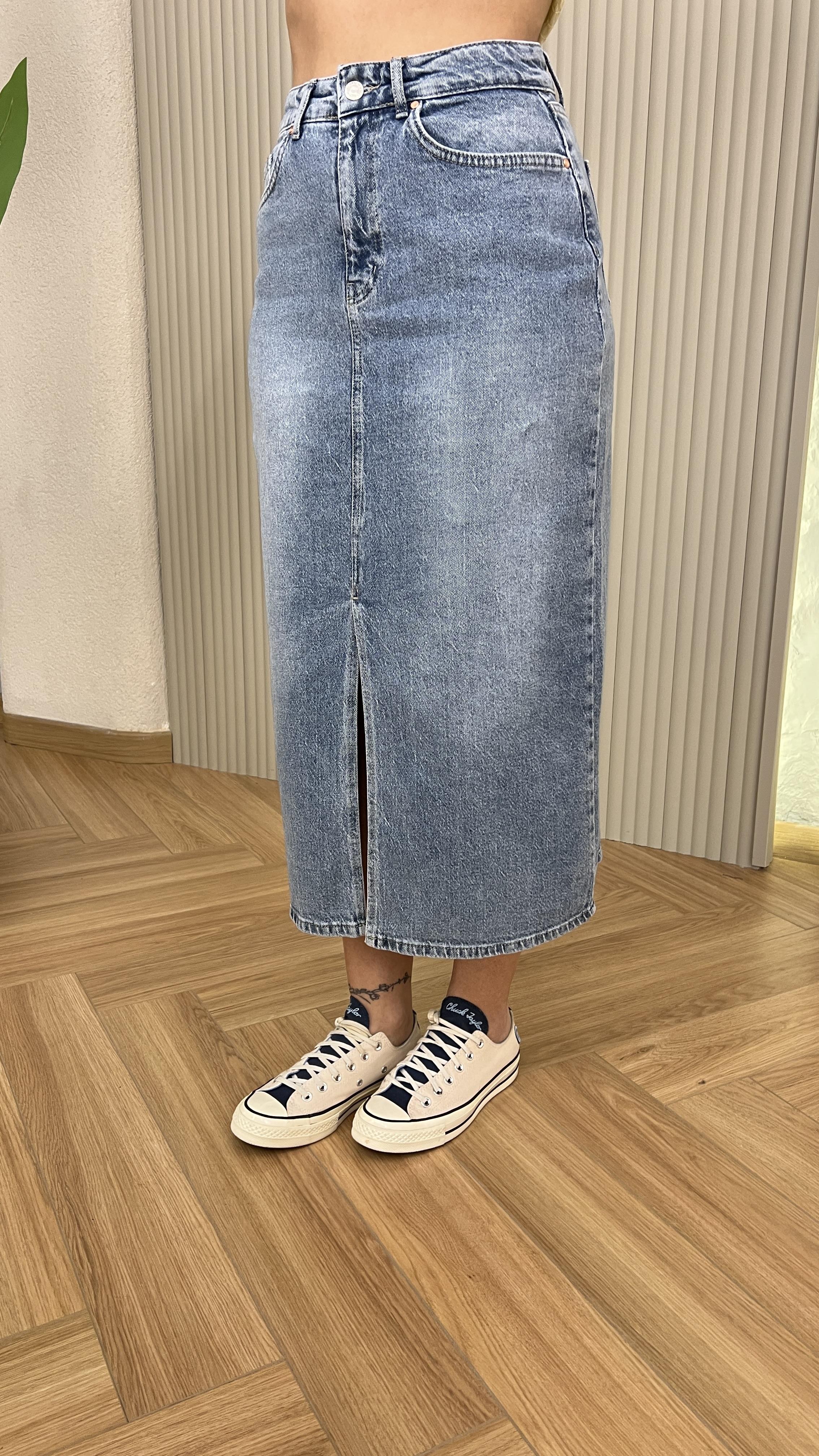 Mavi Quince Önden Yırtmaçlı Kot Etek