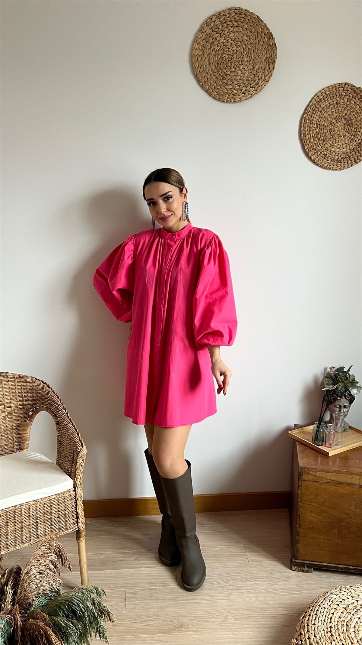 Sırtı Büzgülü Salaş Pembe Elbise
