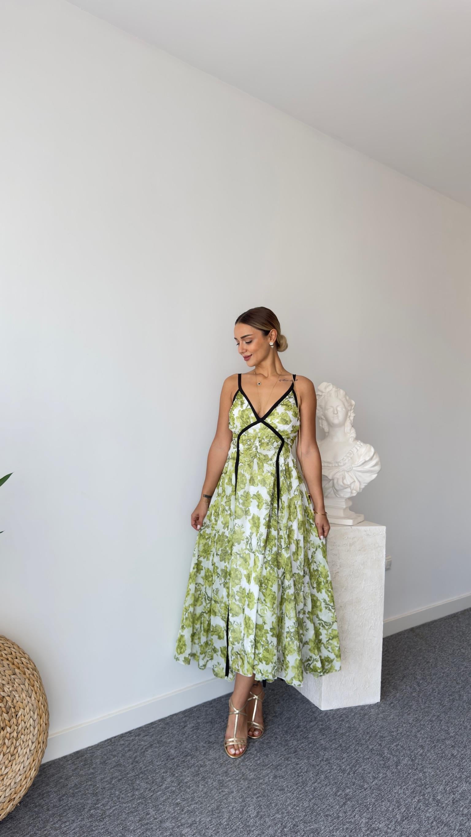 Sonia Zra Model Astarlı Yeşil Şifon Elbise 