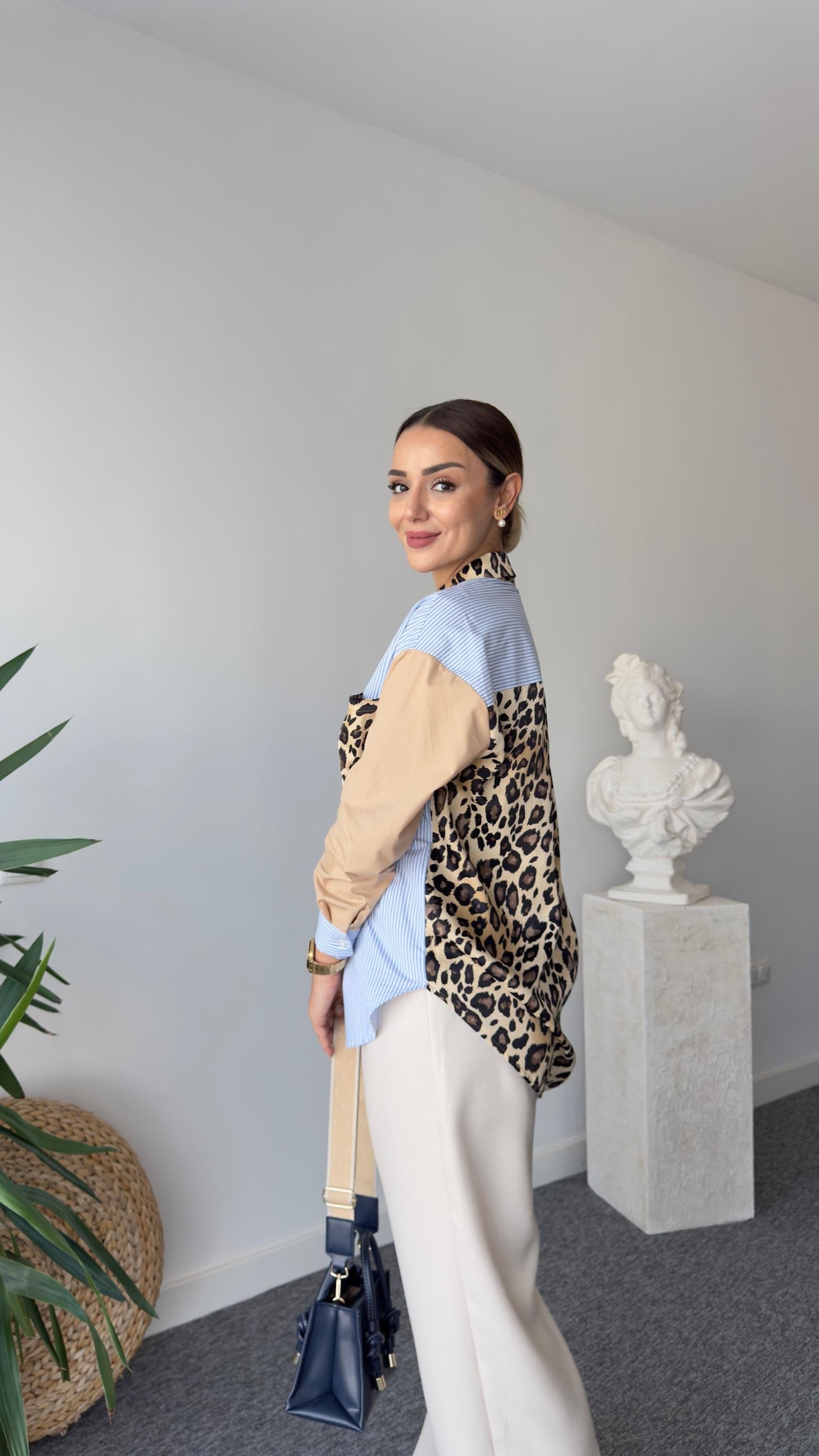 Müga Leopar Garnili Çizgili Gömlek