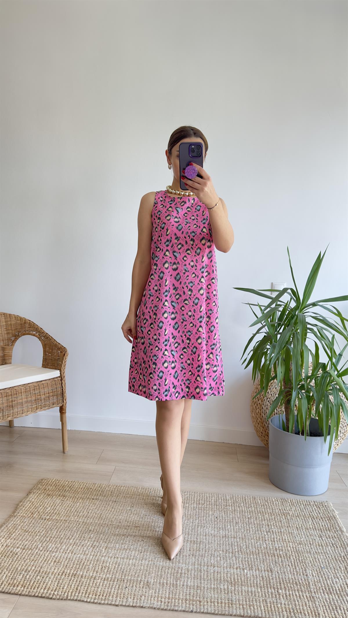 Rovena Leopar Desenli Pembe Elbise 
