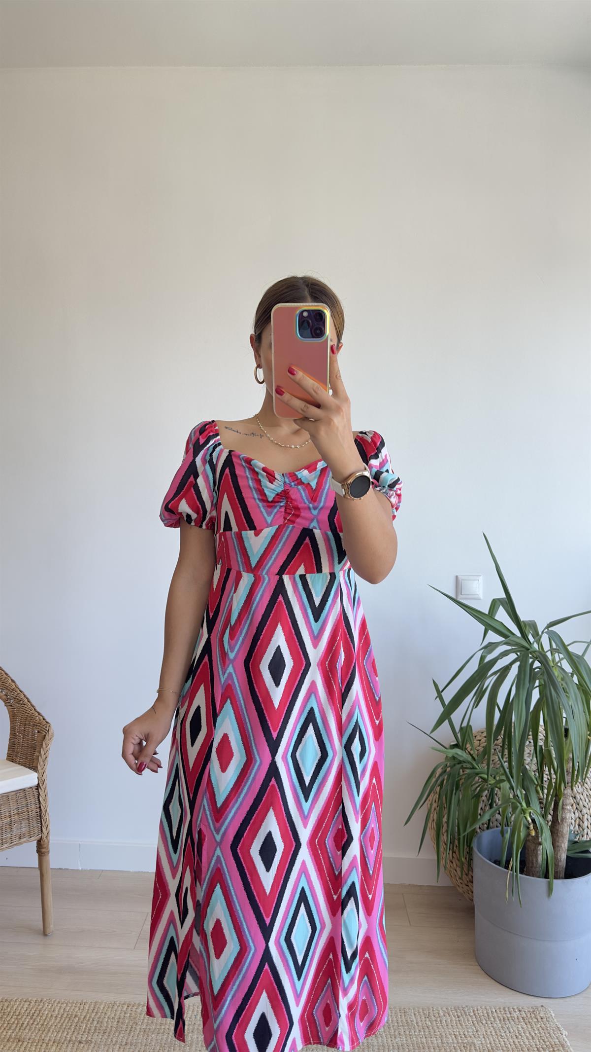 Karpuz Kol Pembe Renkli Elbise 