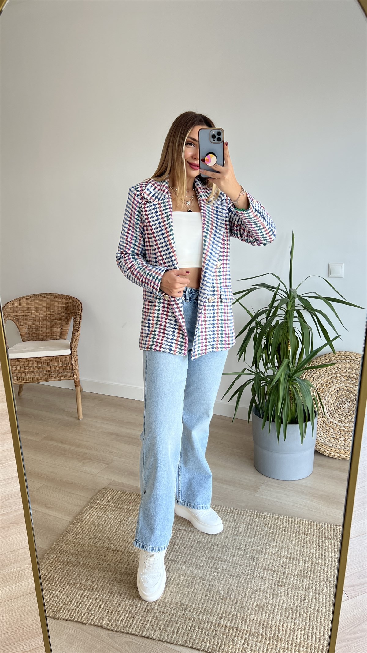 Çok Renkli Ekose Blazer Ceket