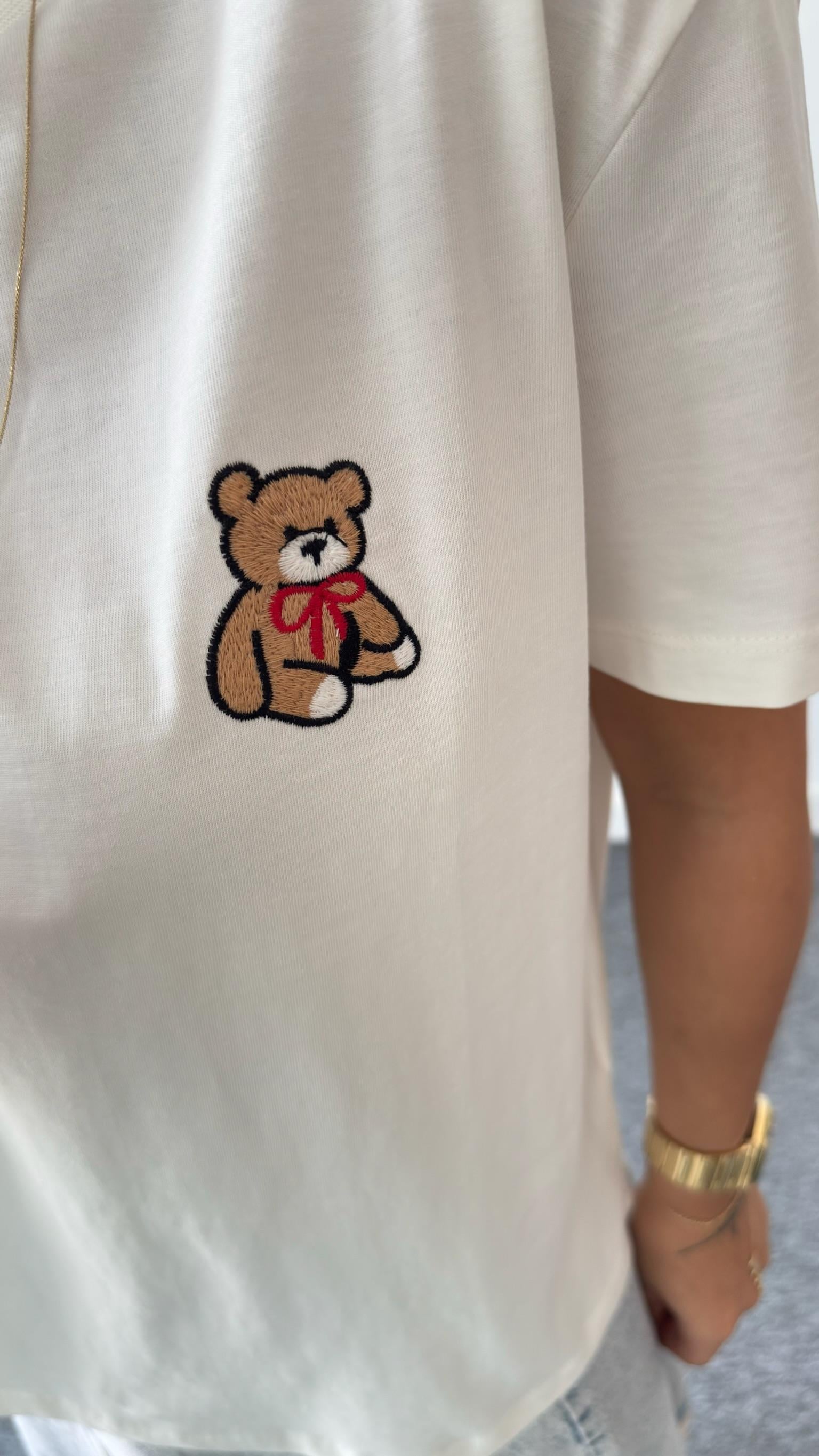 Ayıcık Nakışlı Bisiklet Yaka Tshirt
