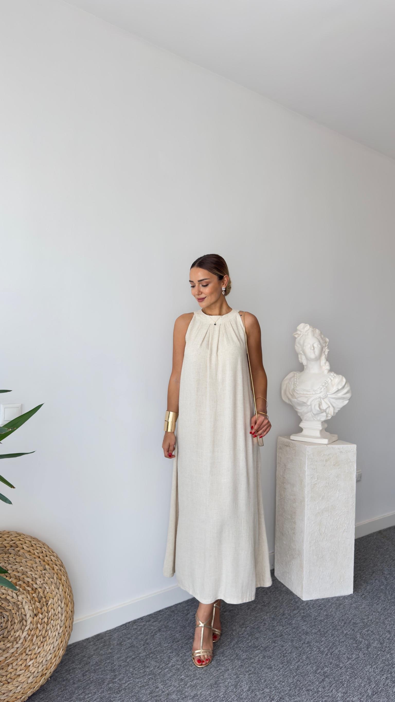 Maxi Boy Naturel Keten Elbise