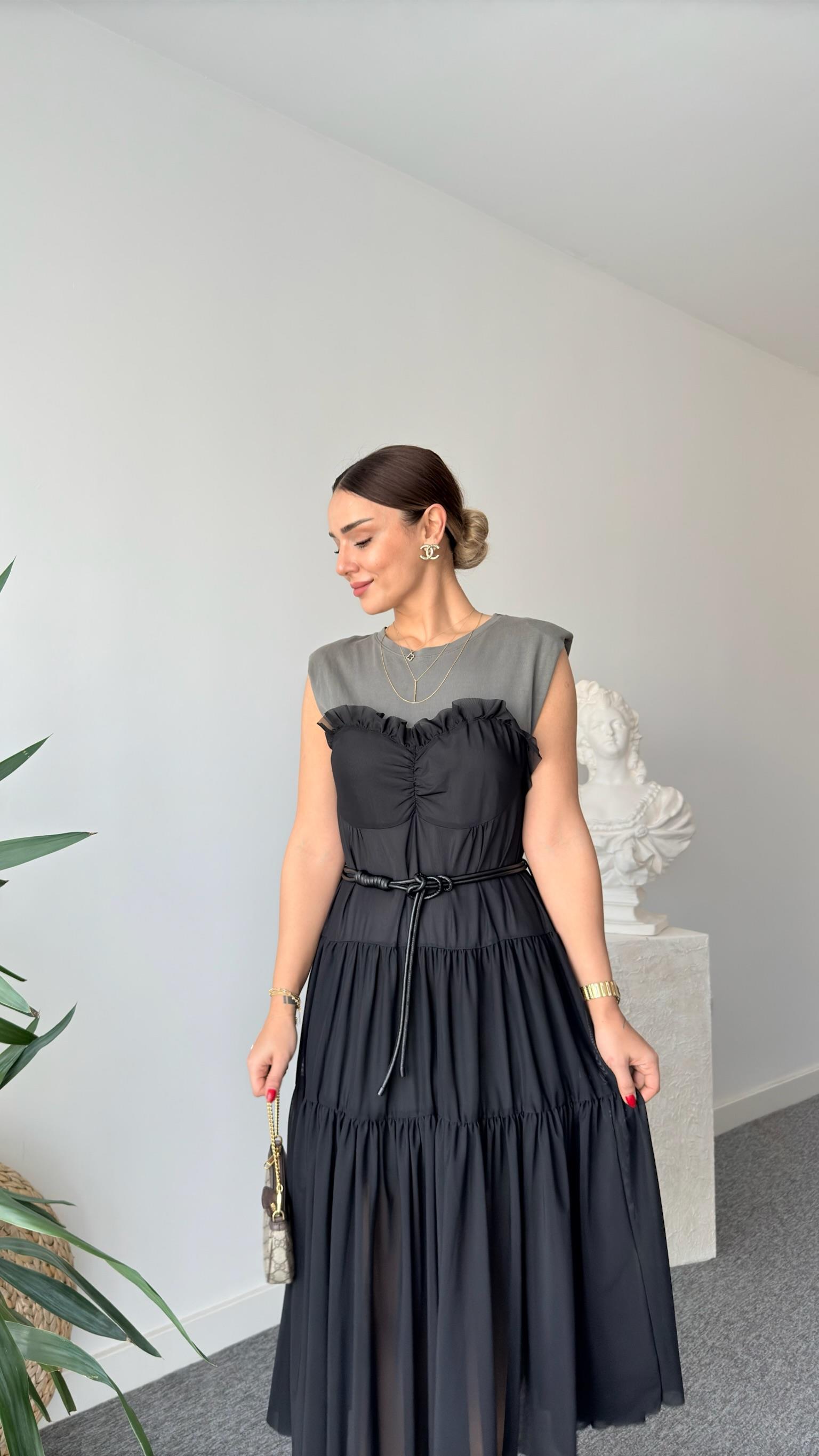 Penye Detaylı Kemerli Tül Elbise 
