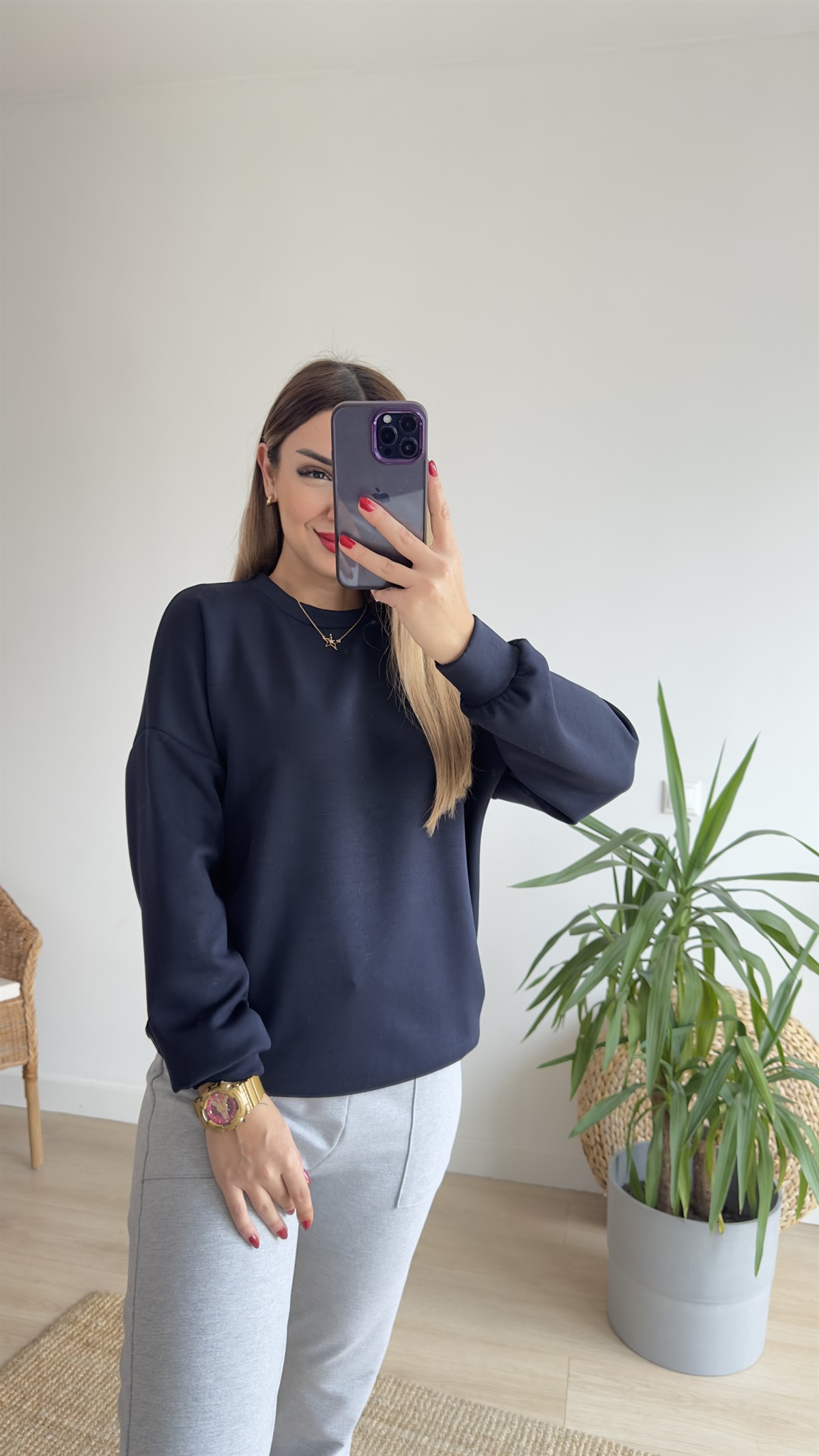 Modal Kumaş Lacivert Basic Sweat