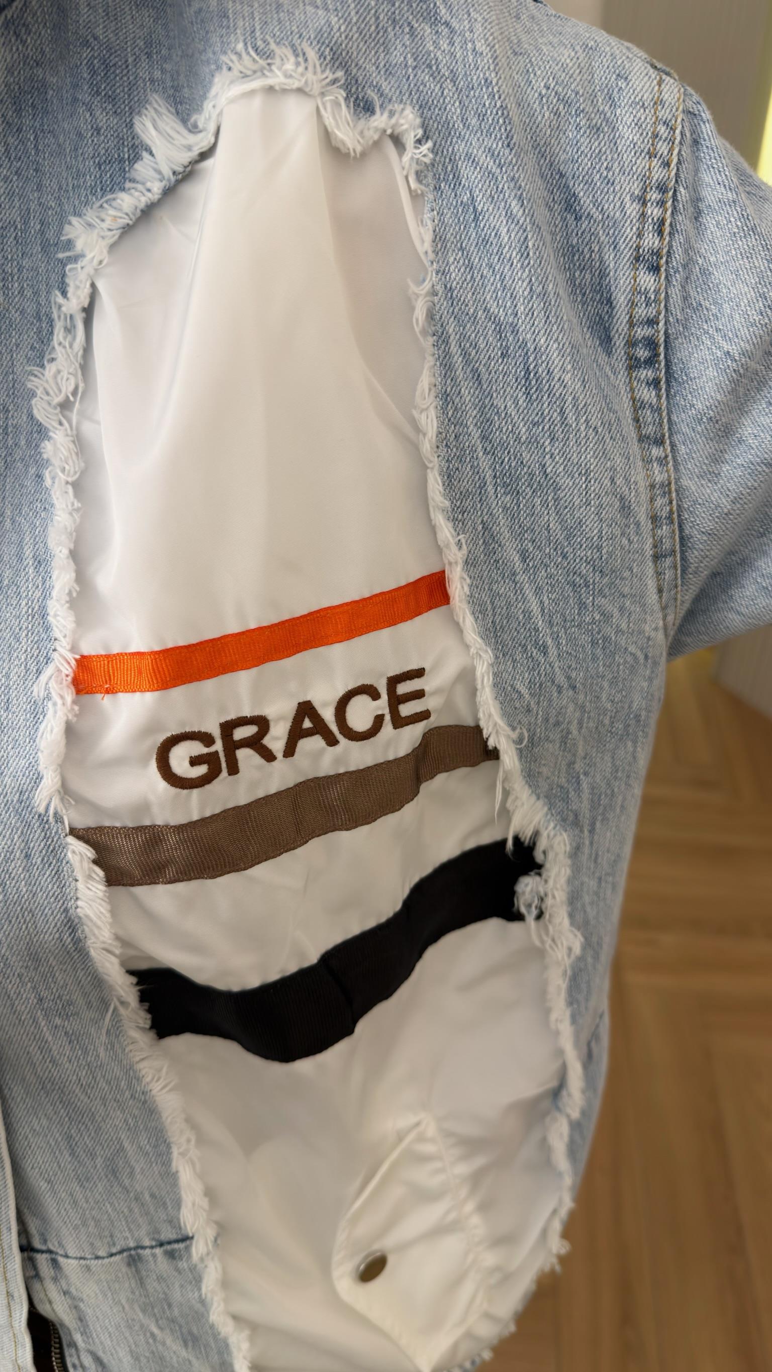 Grace Yazı Ve Paraşüt Detaylı Tasarım Jean Ceket