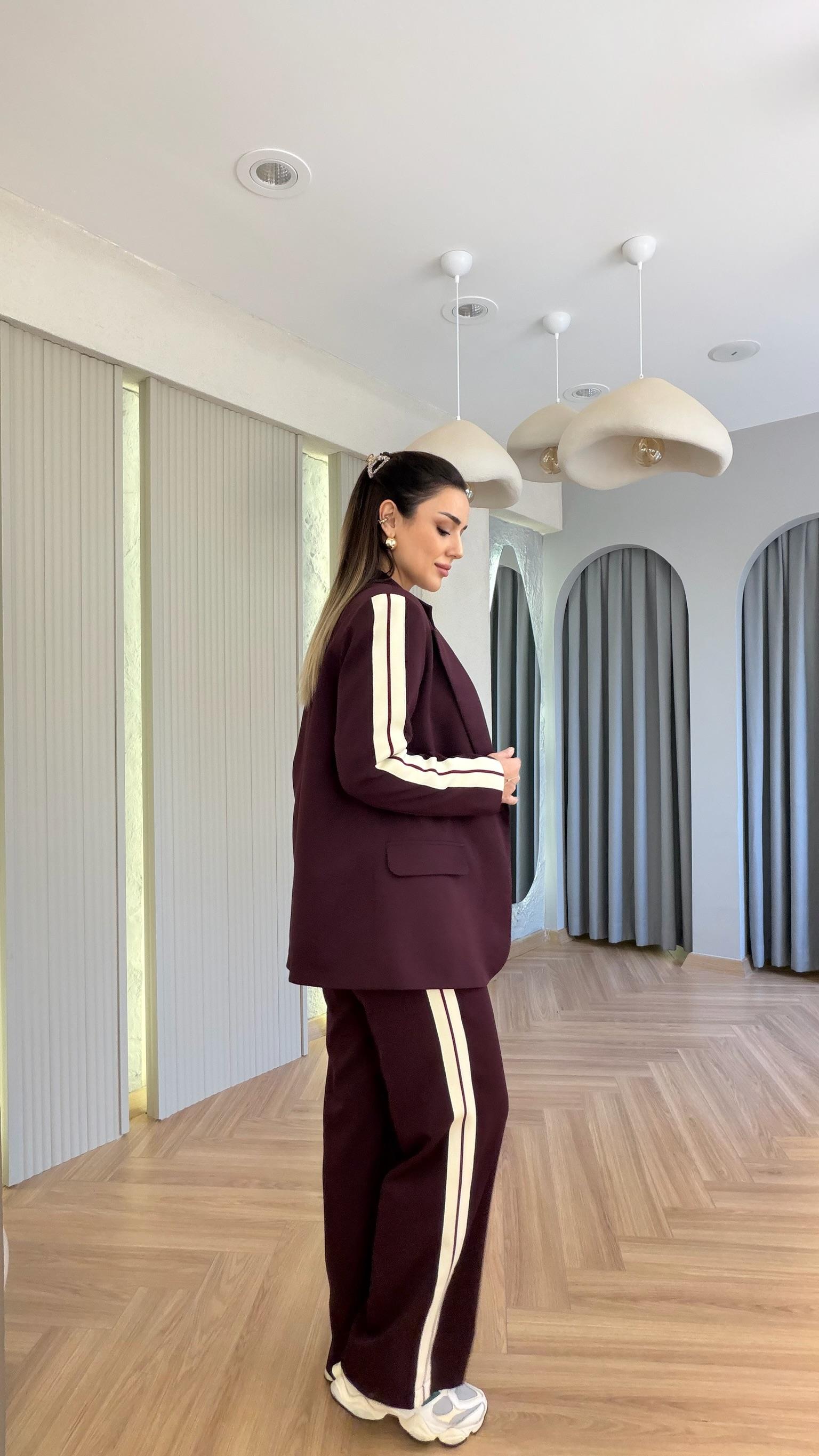 Bordo Materi Şerit Detaylı Ceket Pantolon Takım