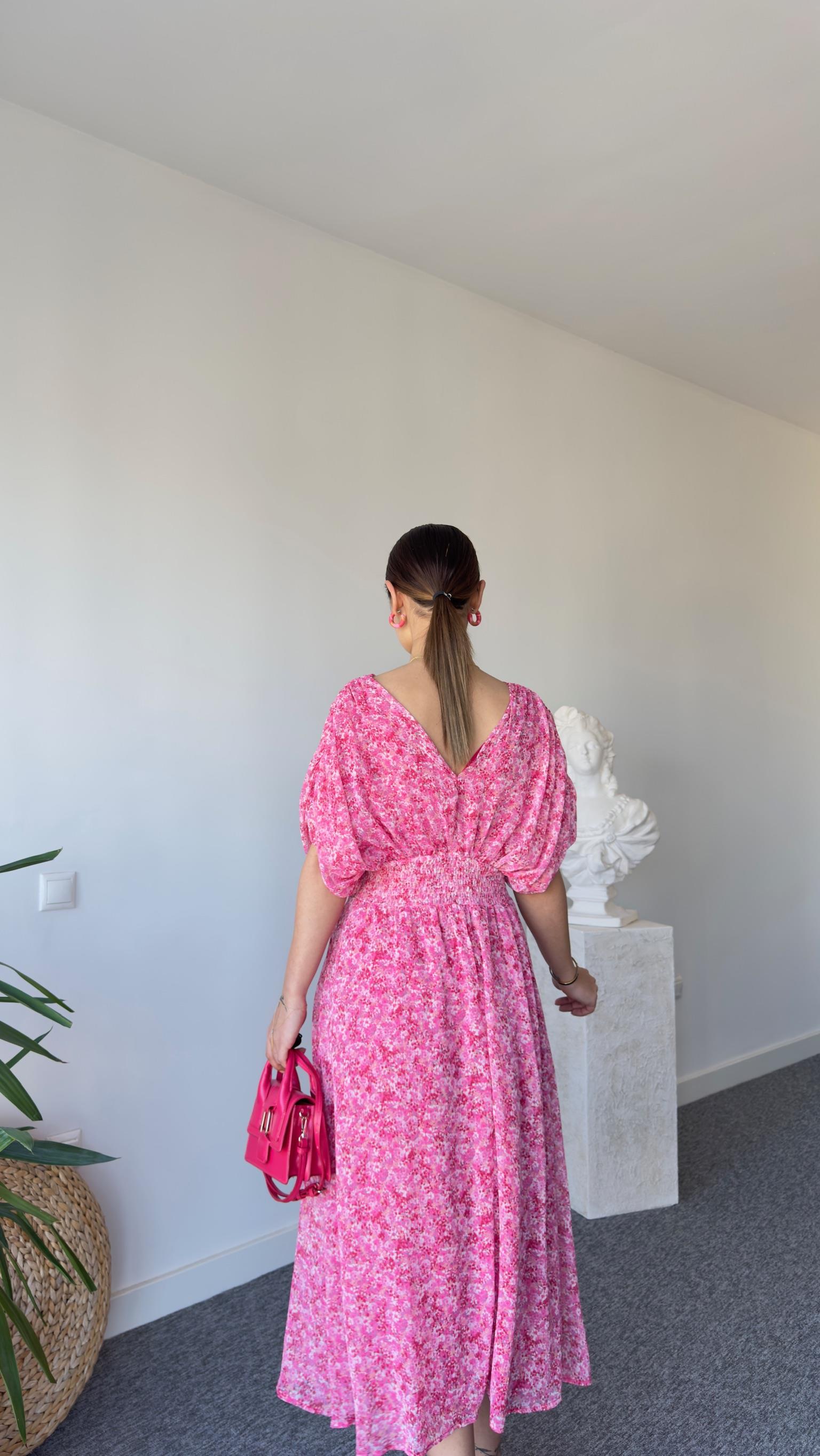 Pembe Çiçek Desen Bel Büzgü Maxi Elbise 