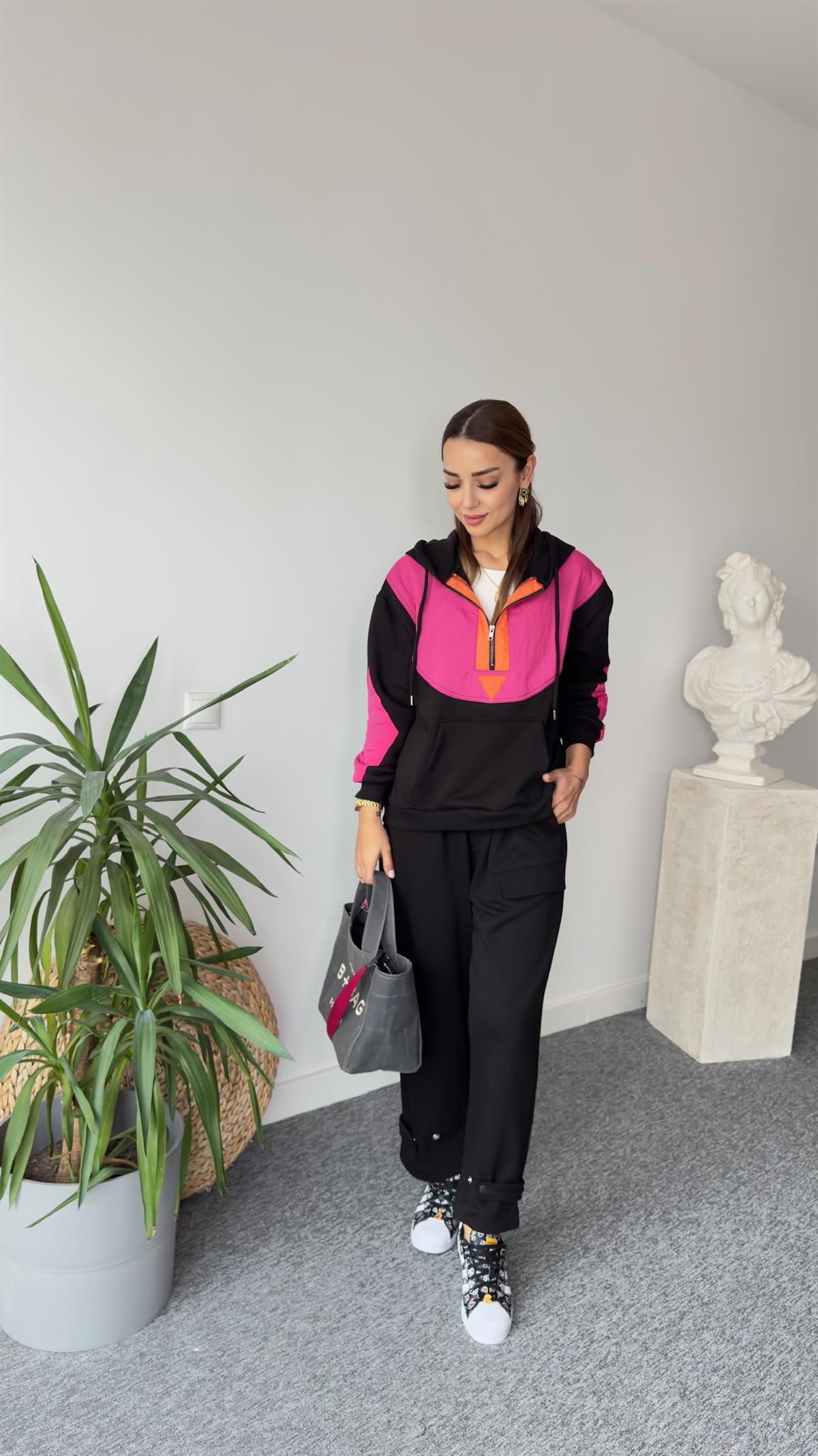Flat Yarım Fermuar Fuşya Detay Sweat