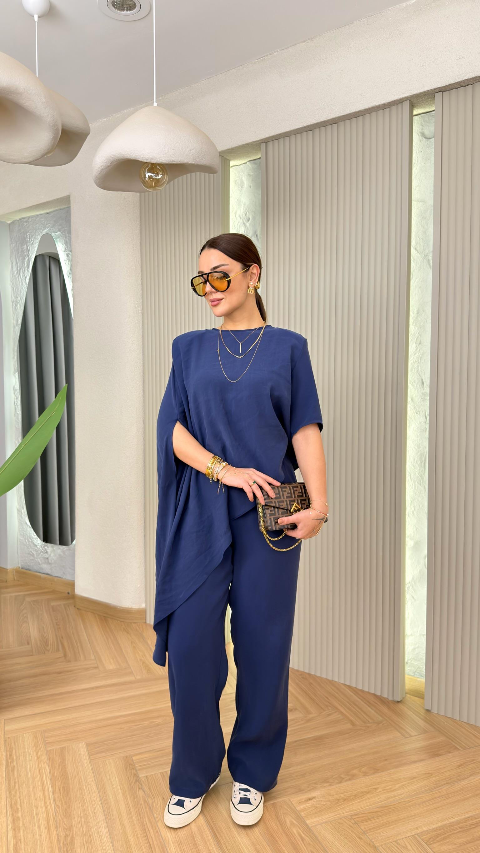 Lacivert Pella Asimetrik Bluz Pantolon Takım