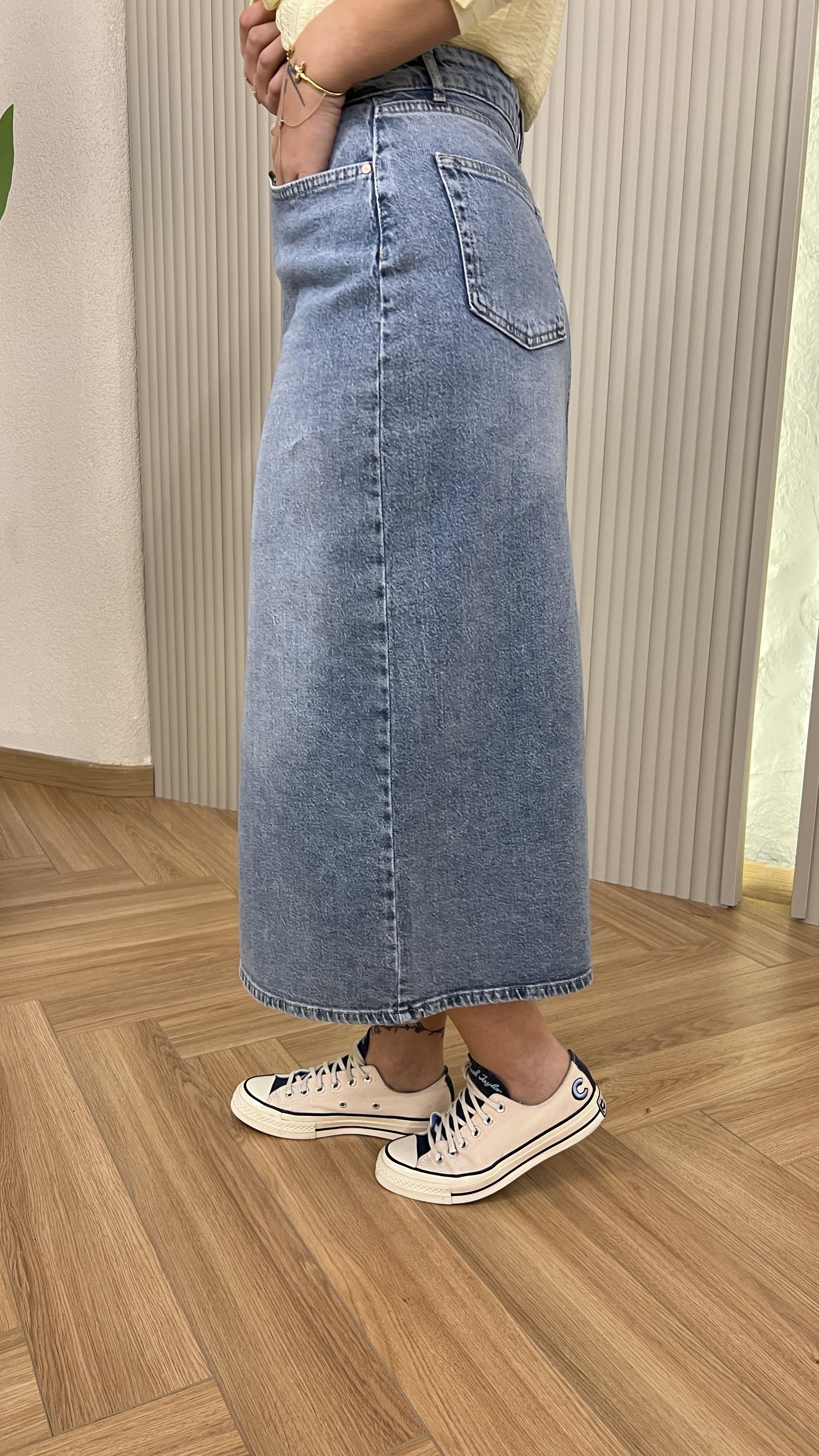 Mavi Quince Önden Yırtmaçlı Kot Etek