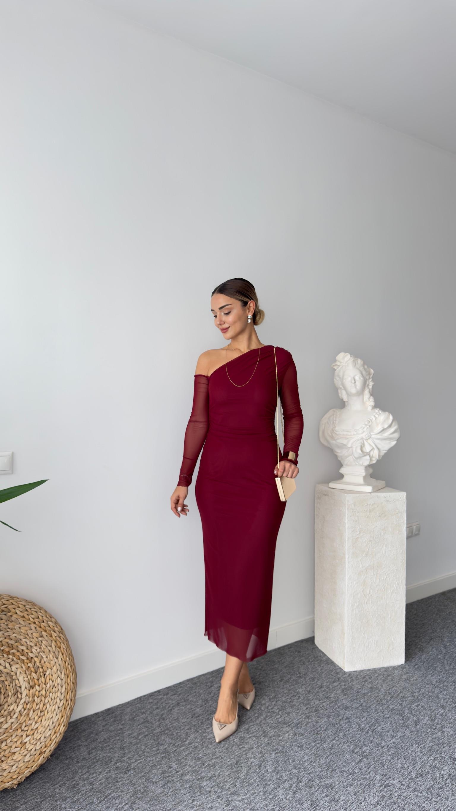 Lopez Astarlı Bordo Tül Elbise 