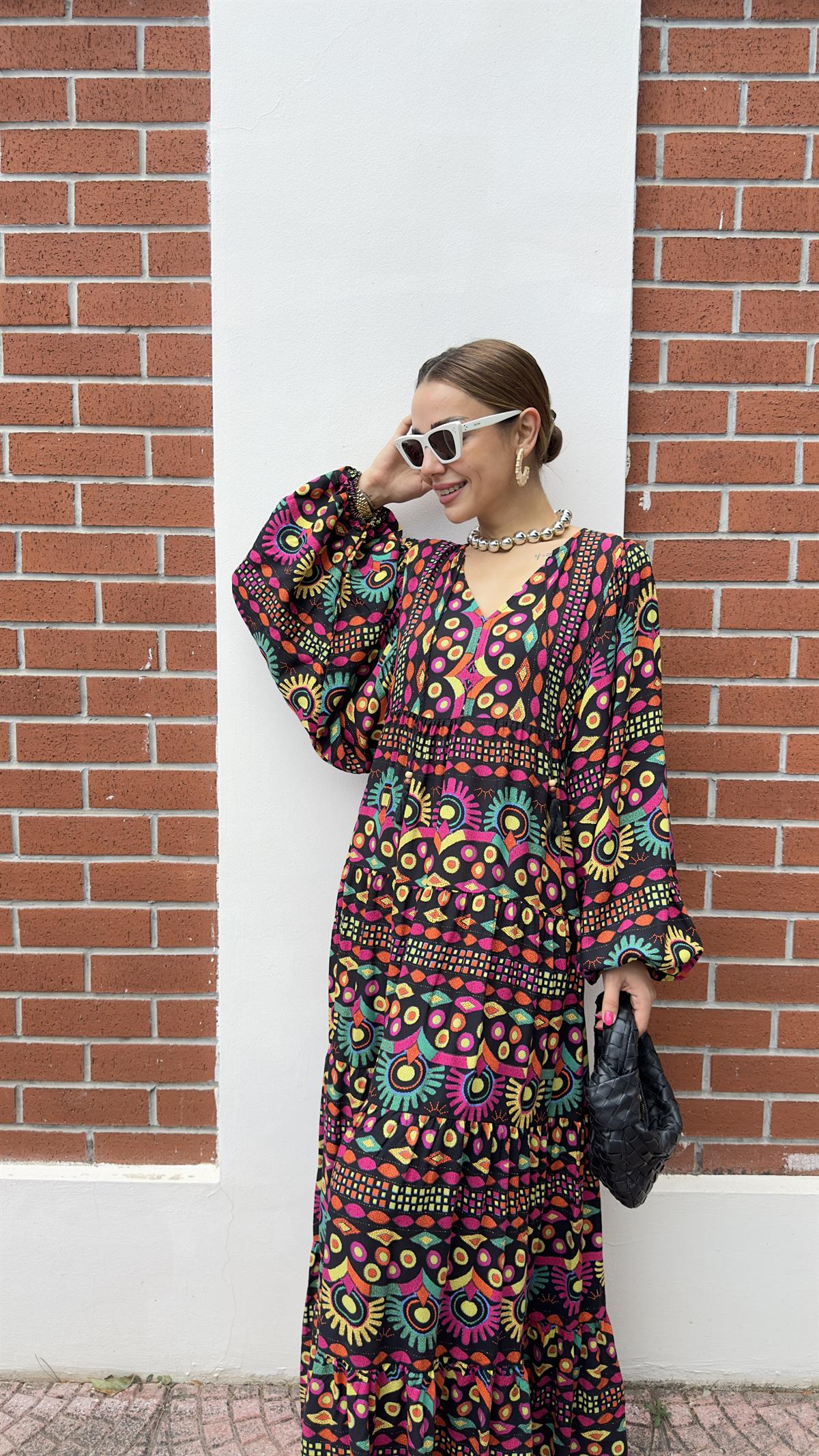 Nicol Renkli Geometrik Desen Maxi Elbise
