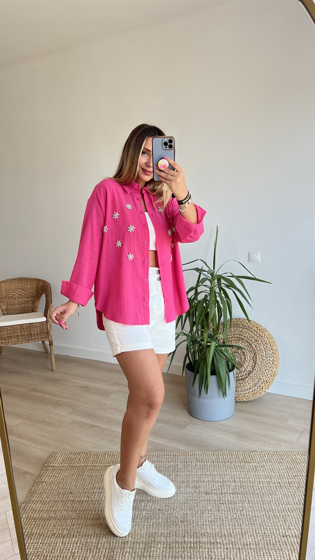 Taş İşleme Detaylı Pembe Keten Gömlek
