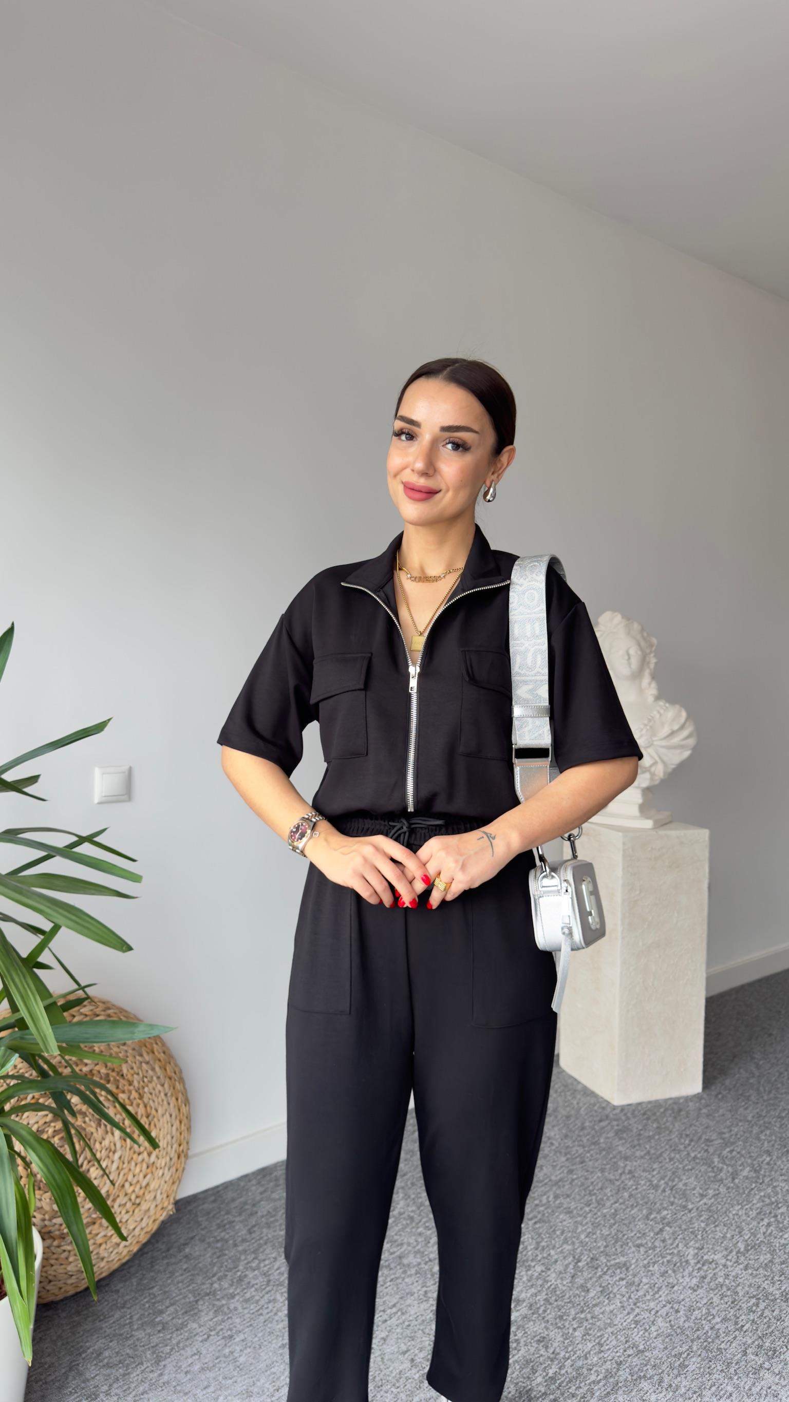 Fermuar Detaylı Siyah Modal Tulum