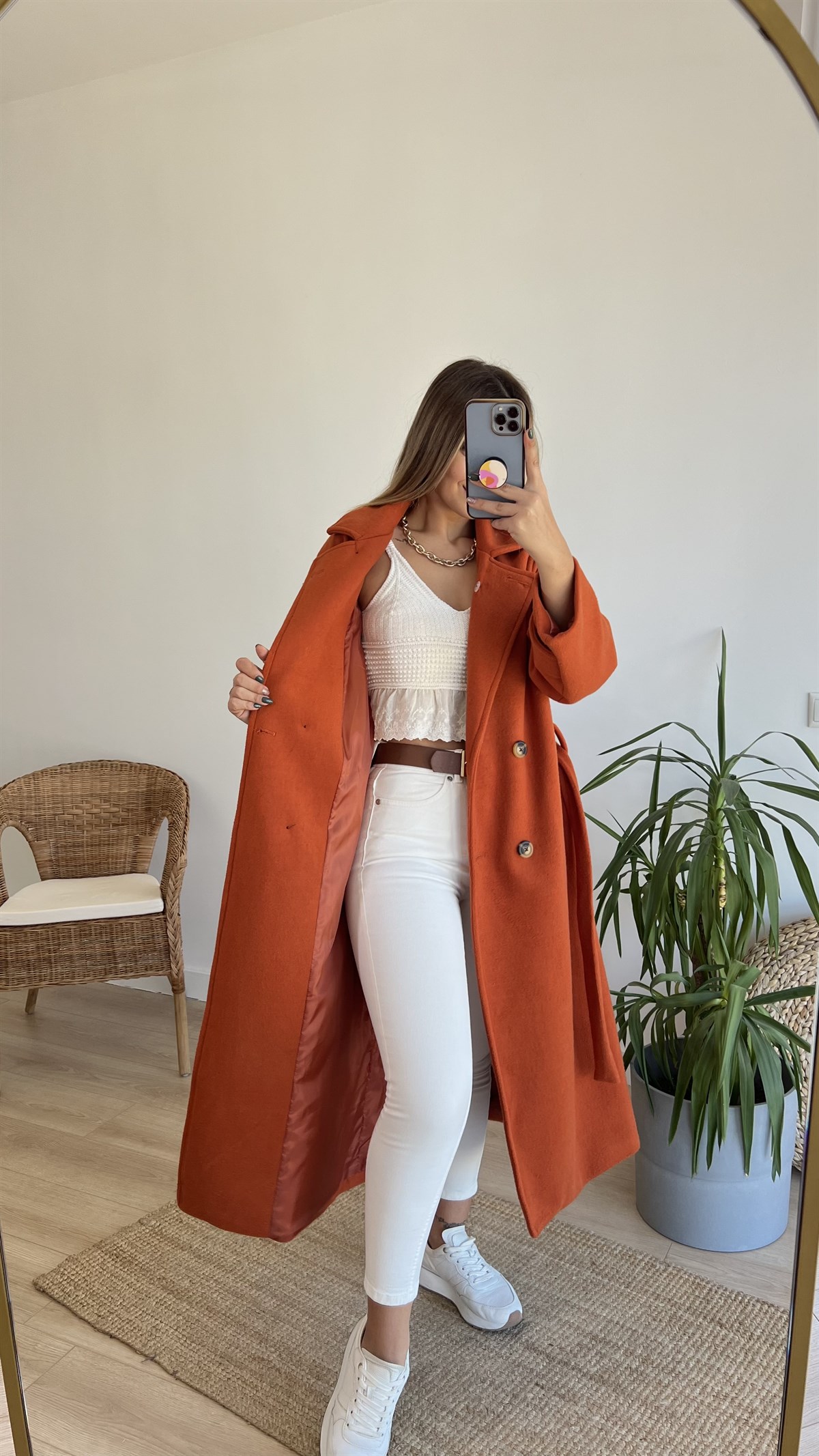 Kuşak Detaylı Astarlı Kiremit Kaban