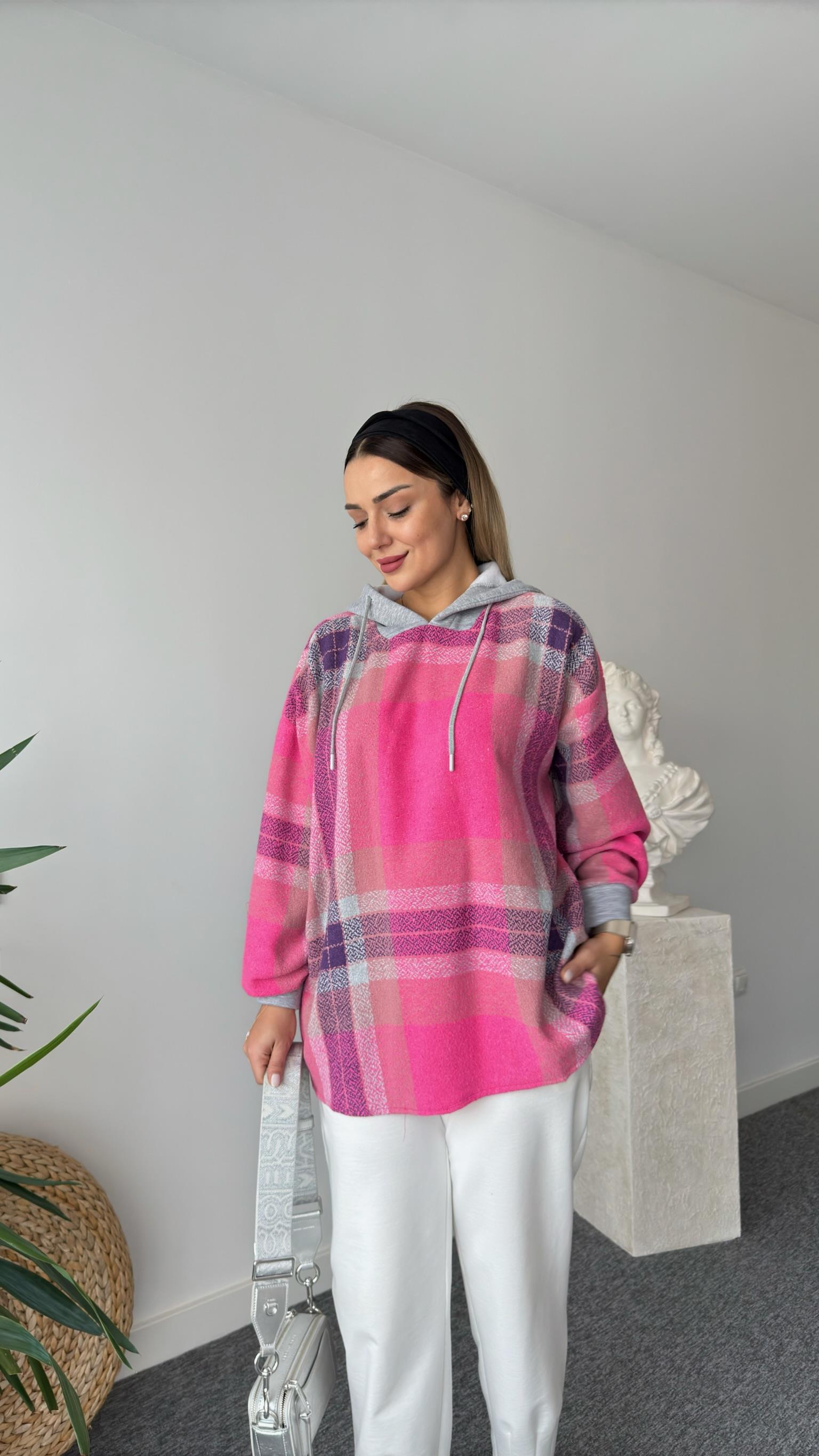 Pembe Ekose Geçişli Kapüşonlu Sweat