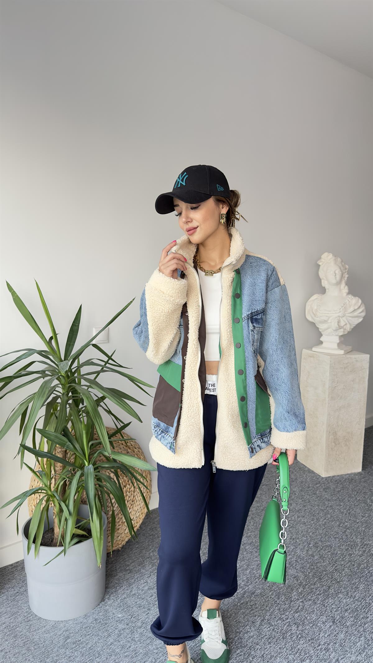 Denim Mix Yeşil Detay Peluş Mont