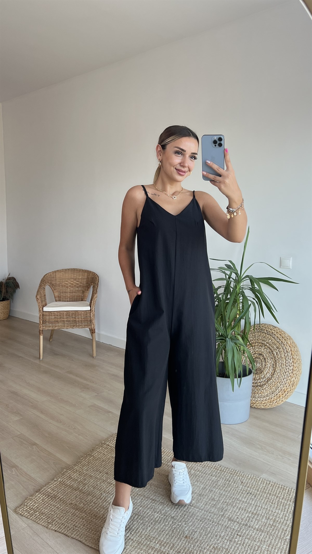 Askılı Siyah Poplin Tulum