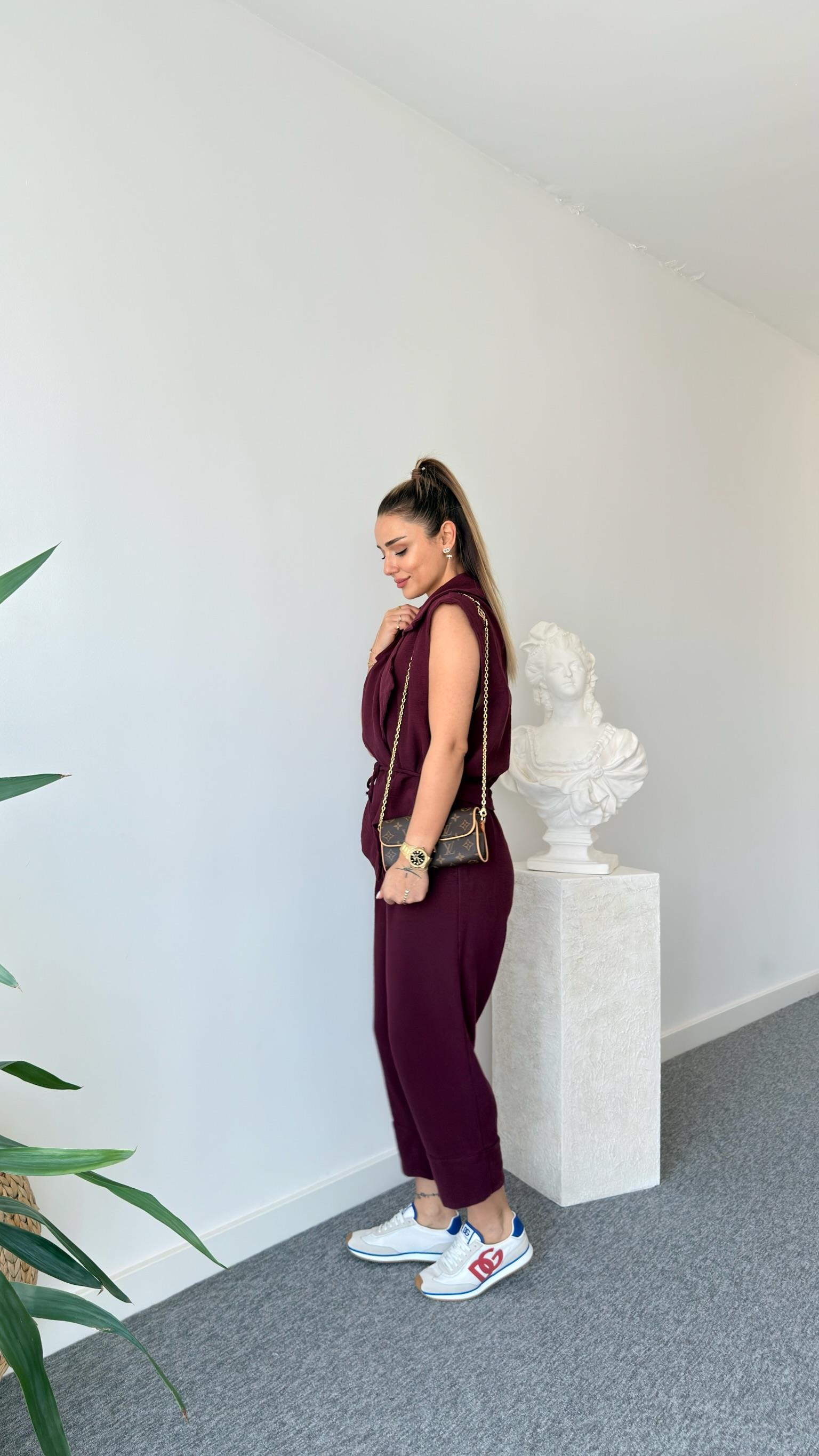 Bordo Weren Yelekli Keten Takım 