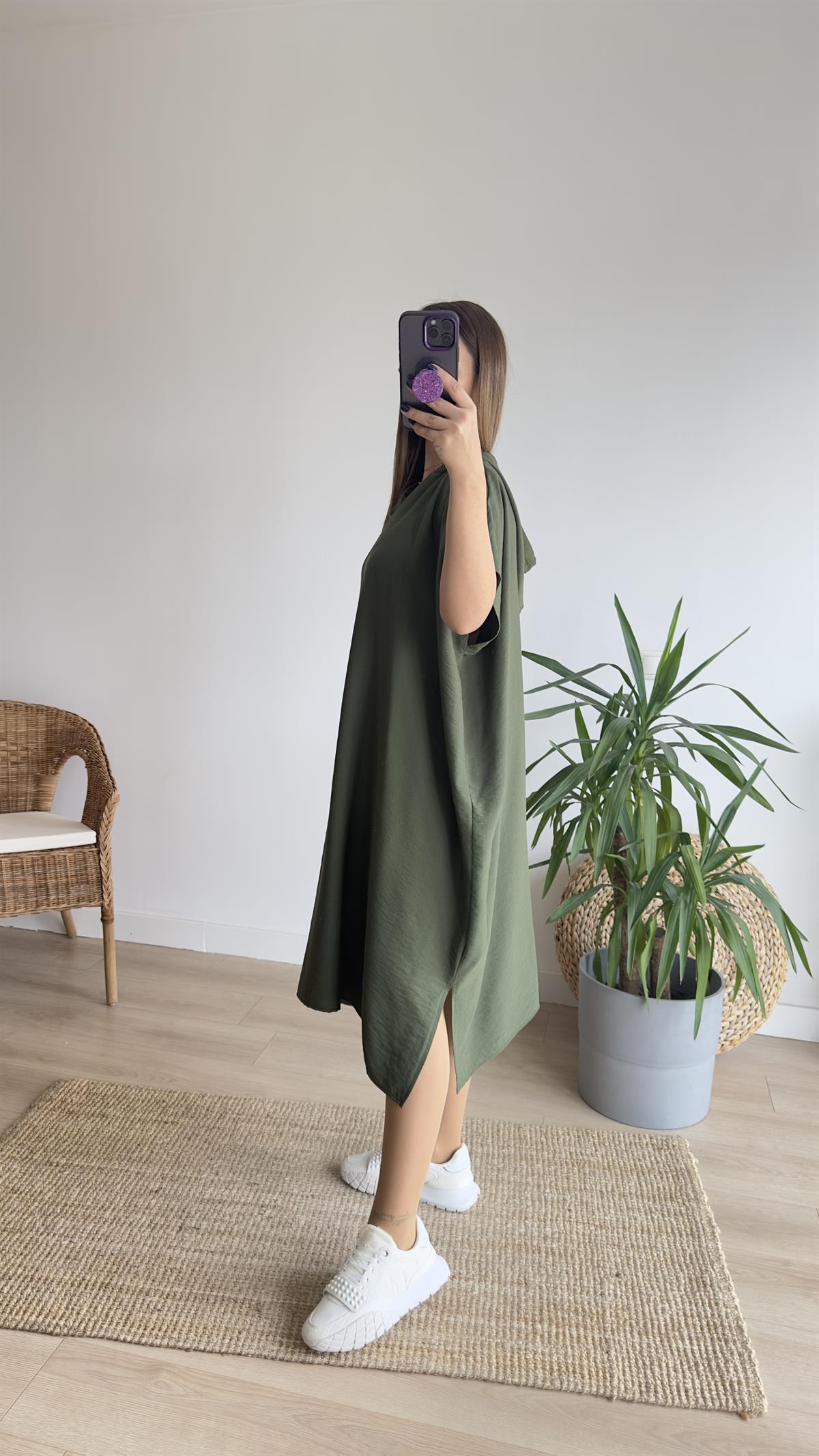 Oversize Haki Kapüşonlu Elbise 