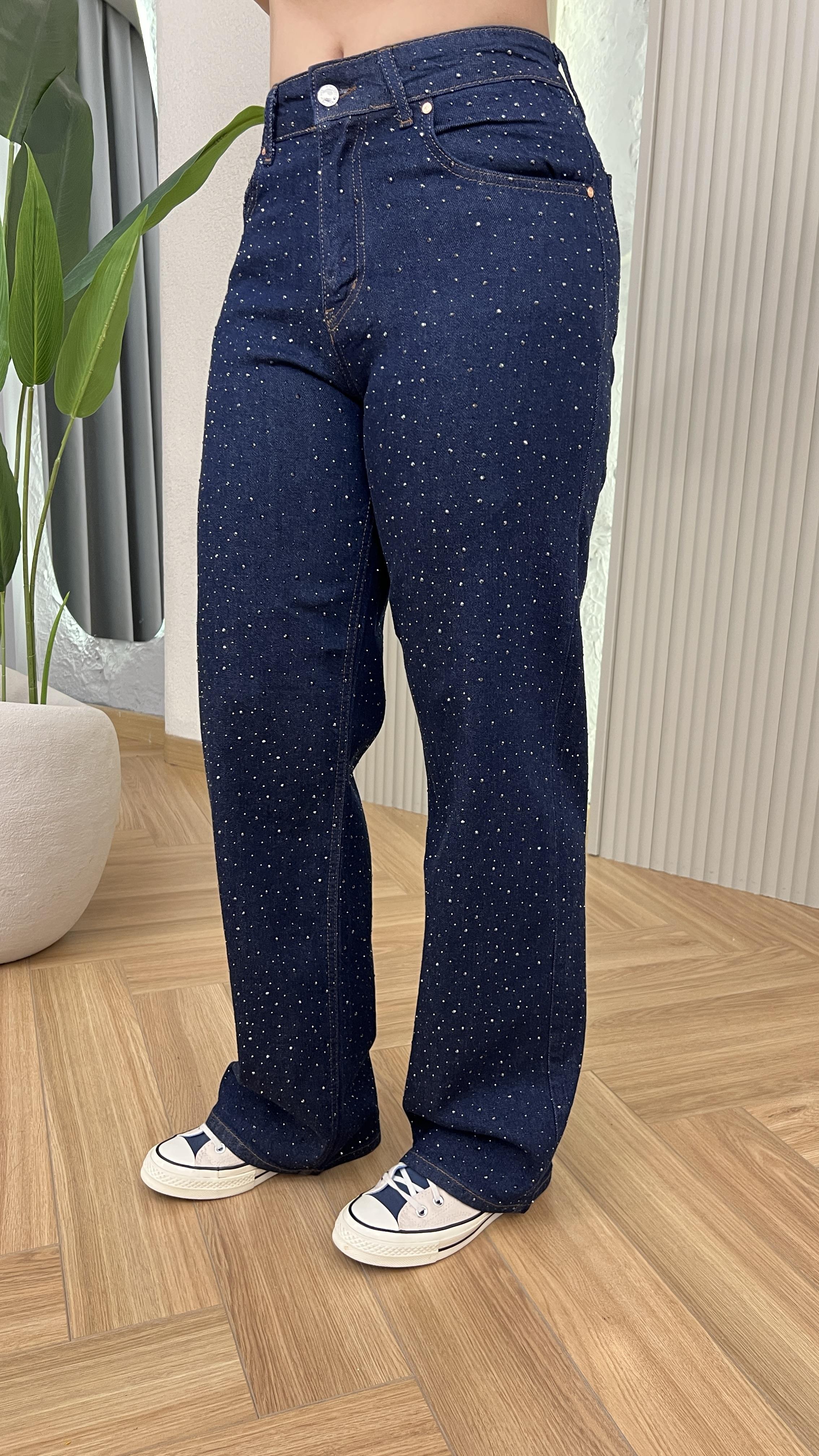 Lacivert Taş Detaylı Straight Likralı Jean
