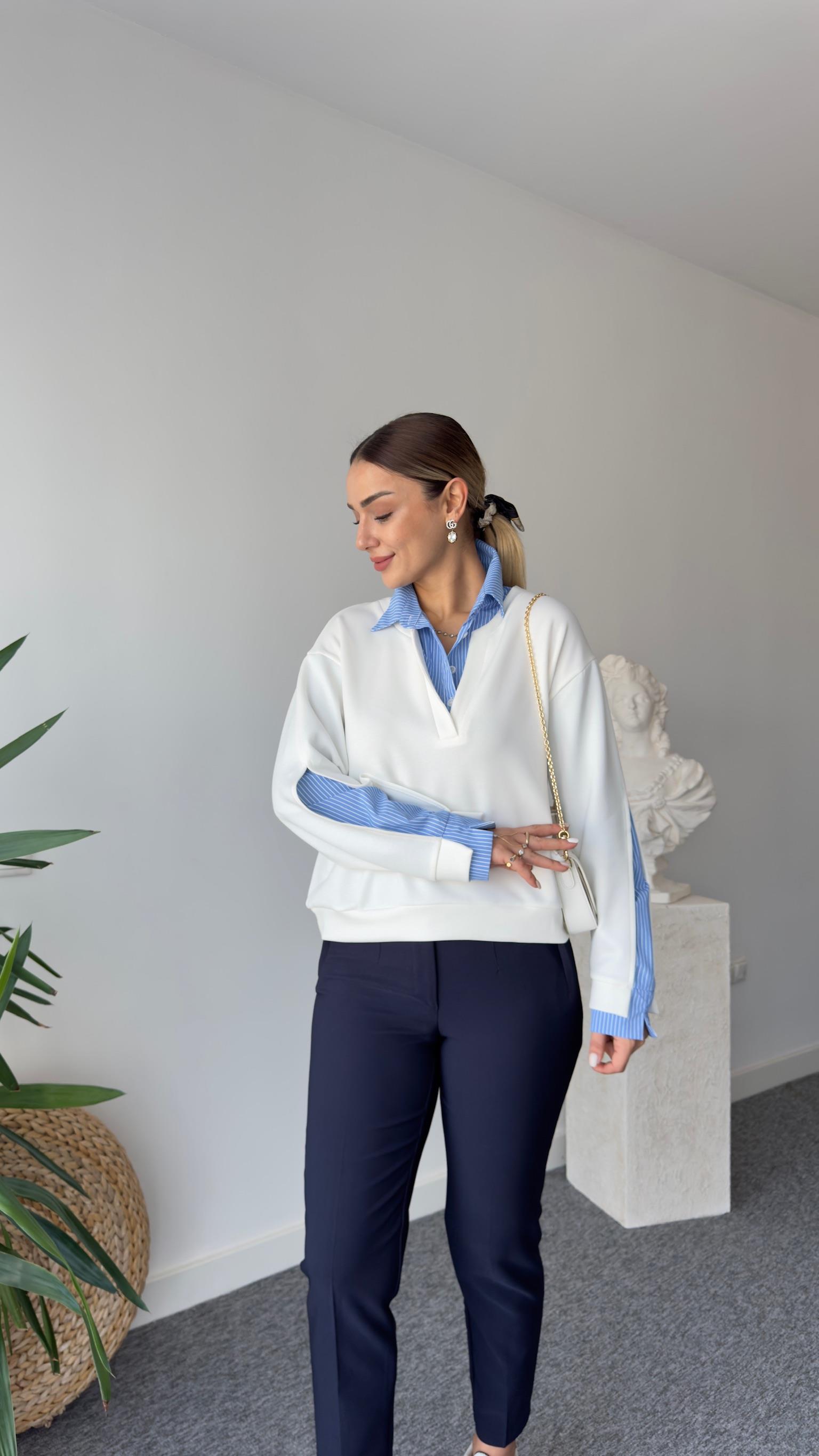 Kante Gömlek Detaylı Beyaz Modal Sweat