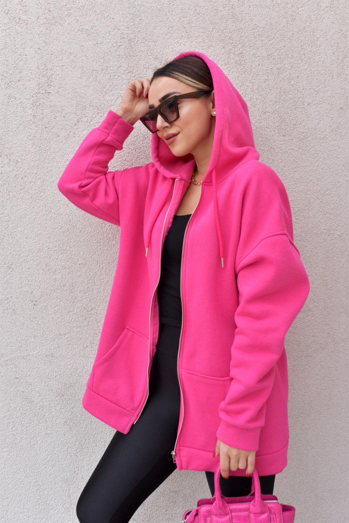 Fermuarlı Pembe Şardonlu Sweatshirt