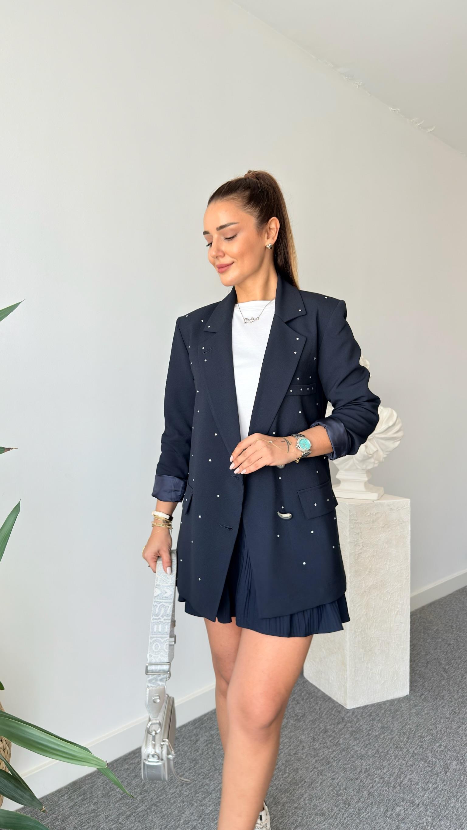 Lacivert Sia Taş Detaylı Blazer Ceket