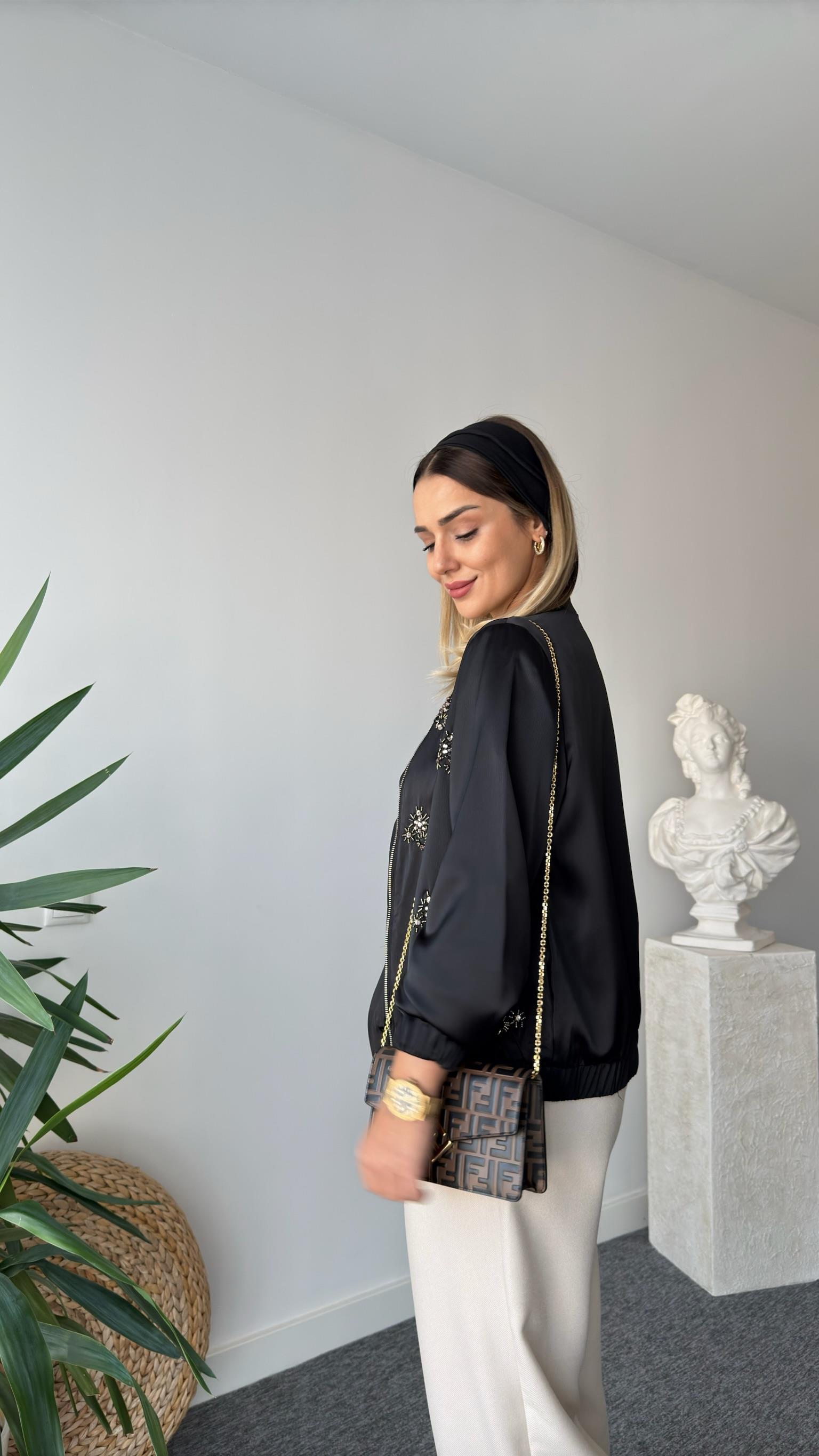 Flav Taş Detaylı Saten Bomber Ceket