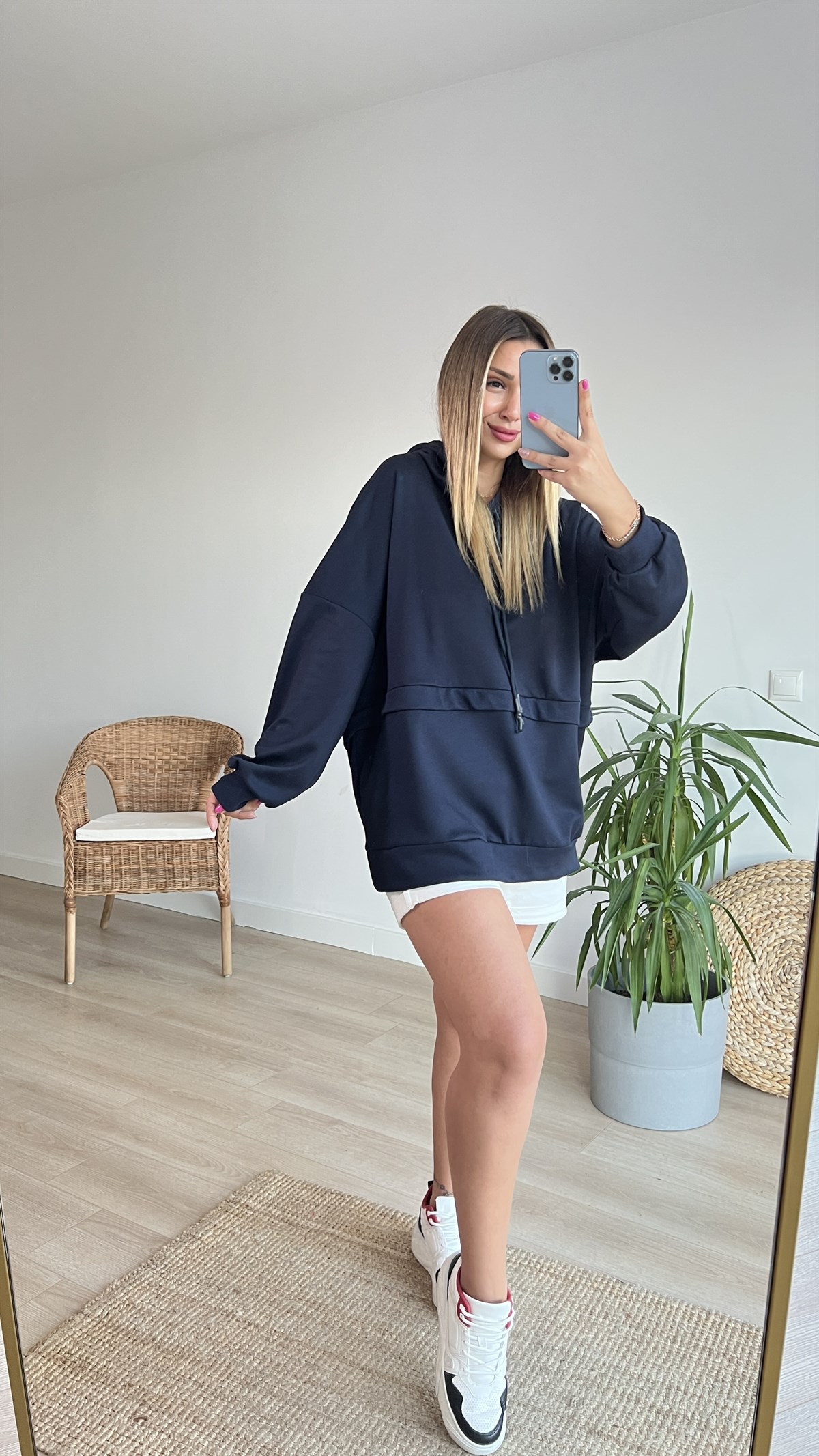 Lacivert Oversize Kapüşonlu Sweat