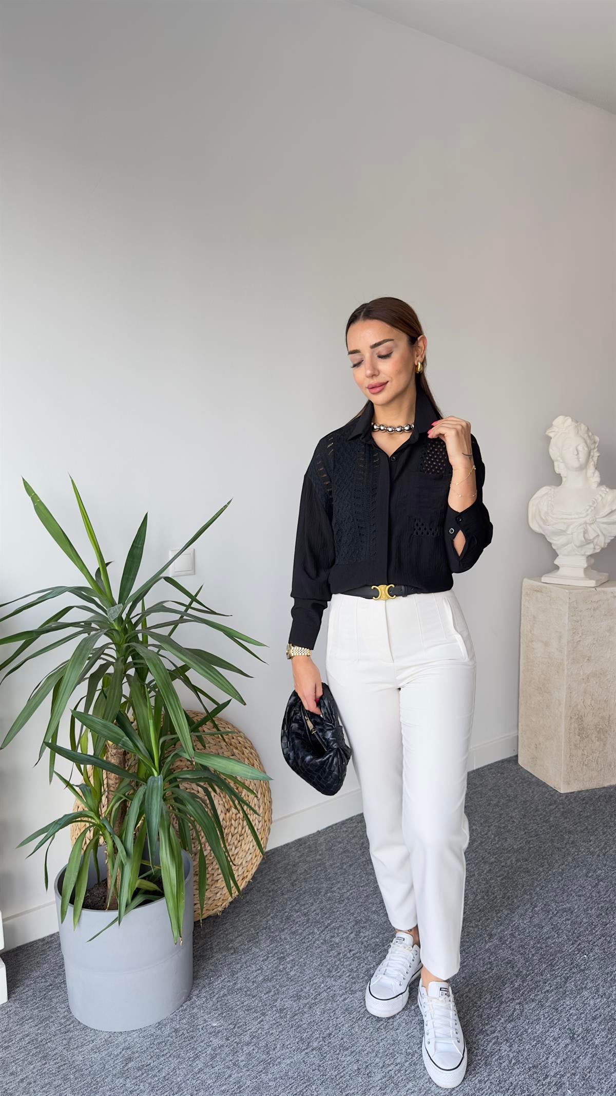 Triko Detay Orj Model Siyah Gömlek 