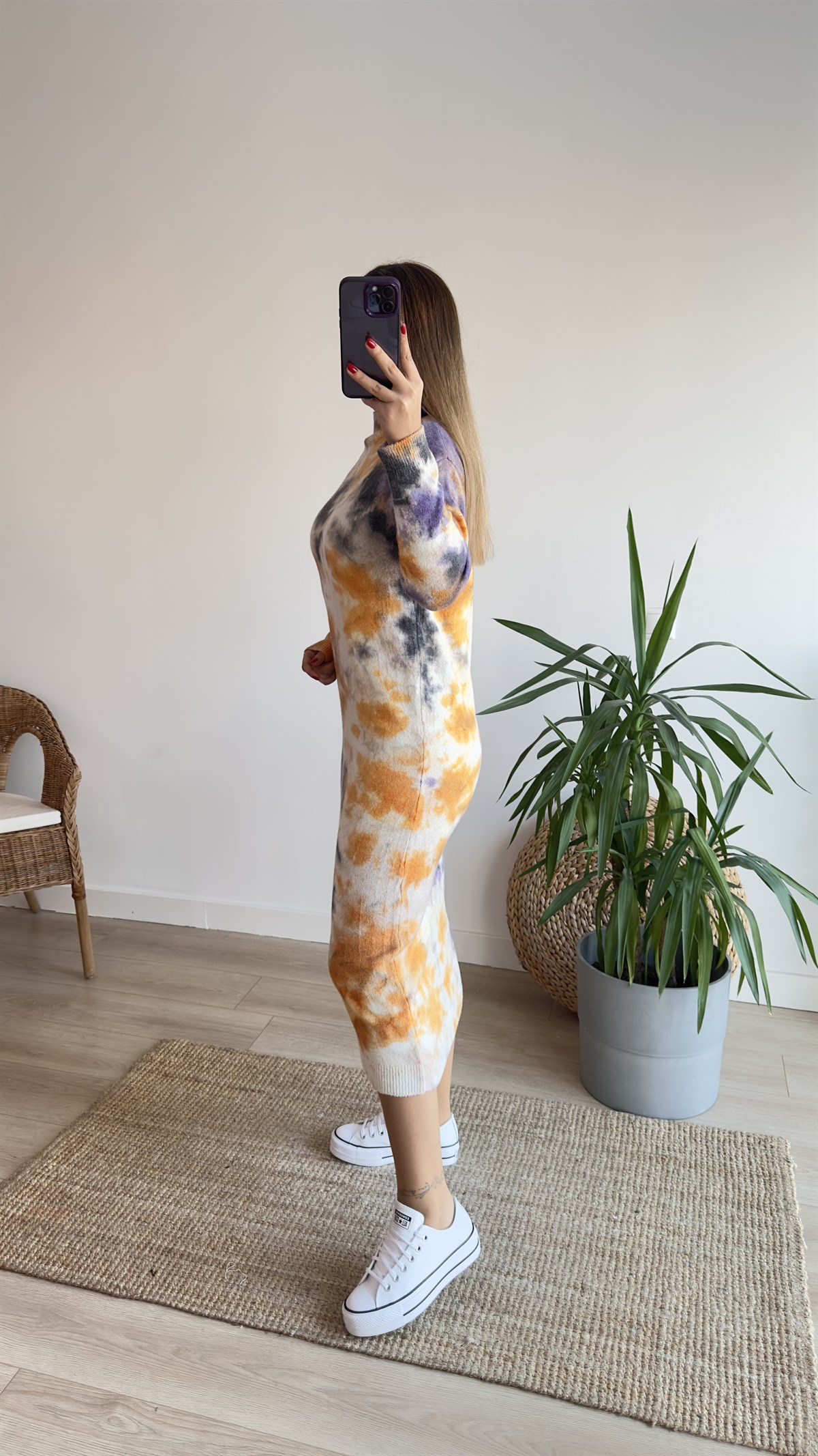 Yaka Düğmeli Batik Desen Elbise 