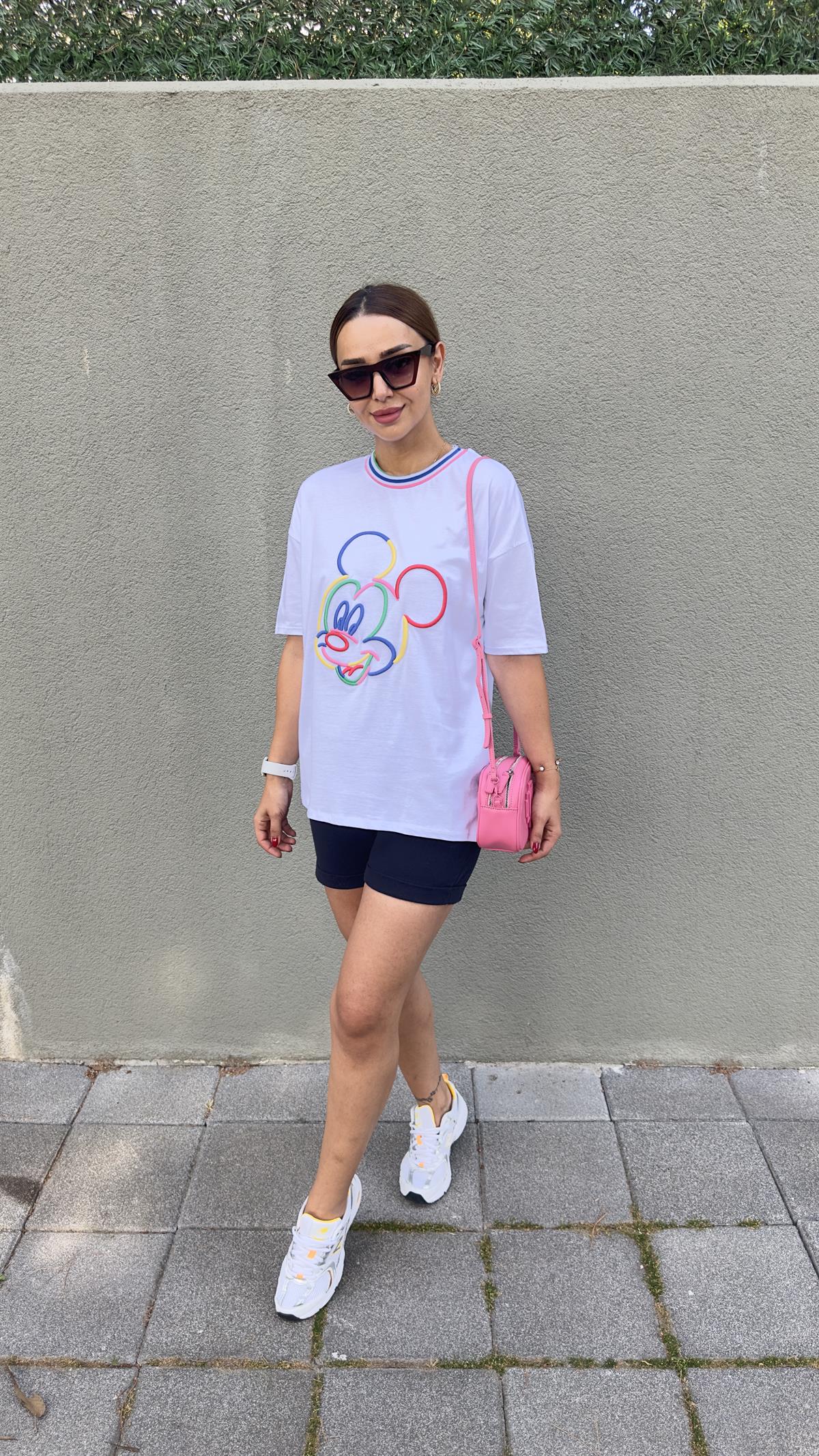 Mickey İşlemeli Beyaz Tshirt