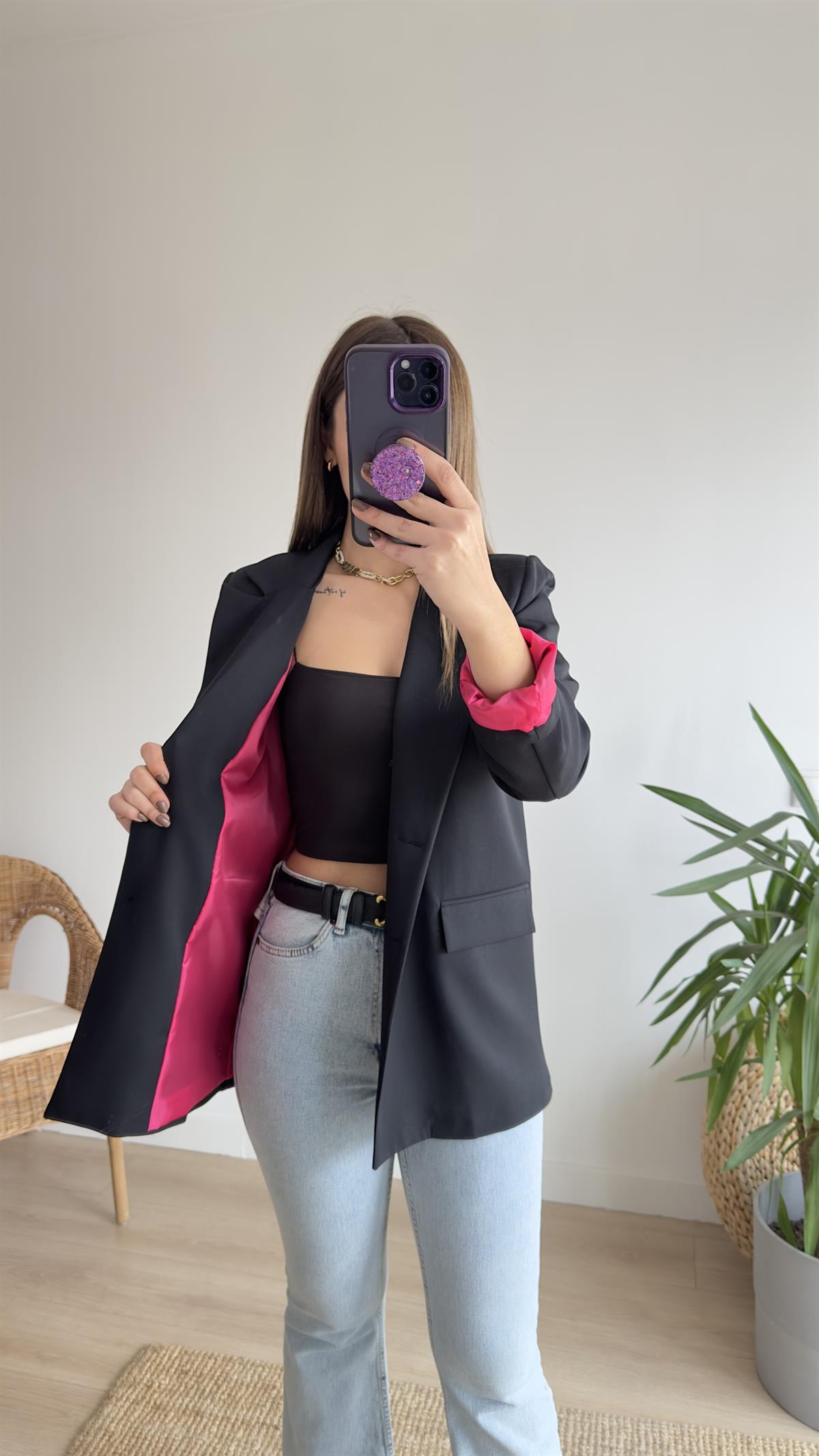 Ravi Pembe Yazı Detaylı Blazer Ceket
