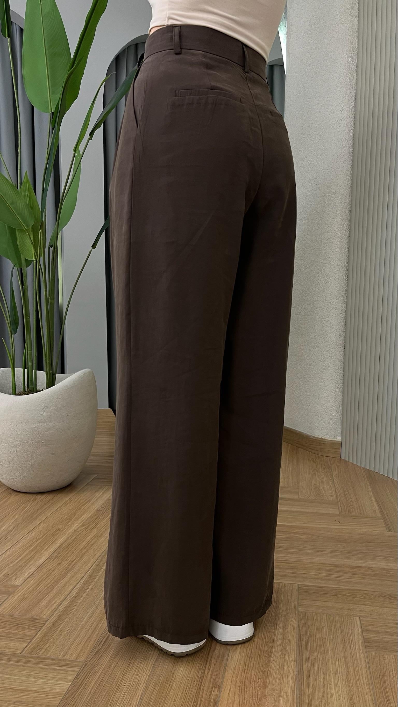 Kahve Tülna Bol Paça Tensel Pantolon