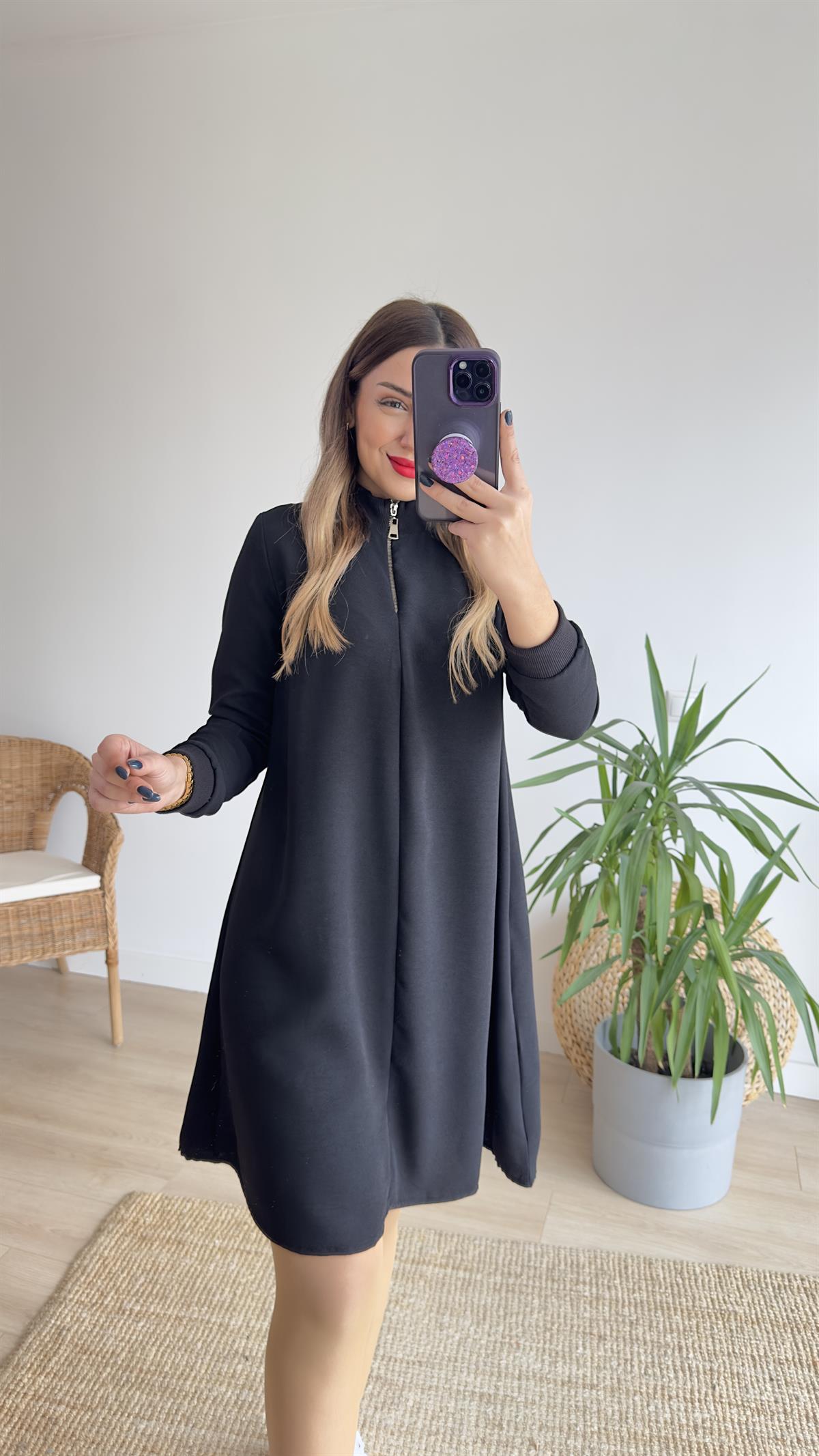 Yarım Fermuar Siyah Basic Elbise 