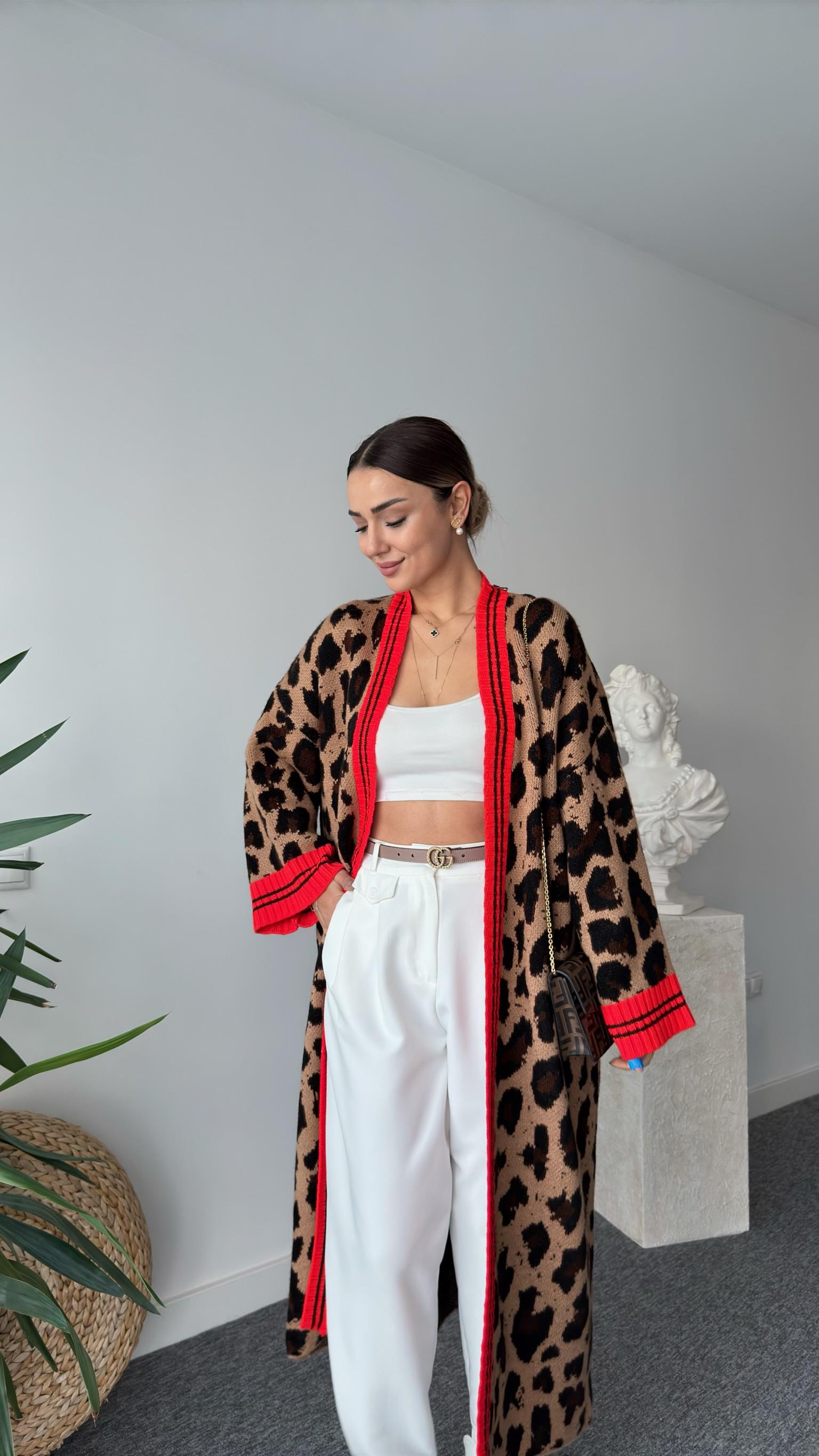 Jerome Şeritli Tok Doku Uzun Leopar Hırka