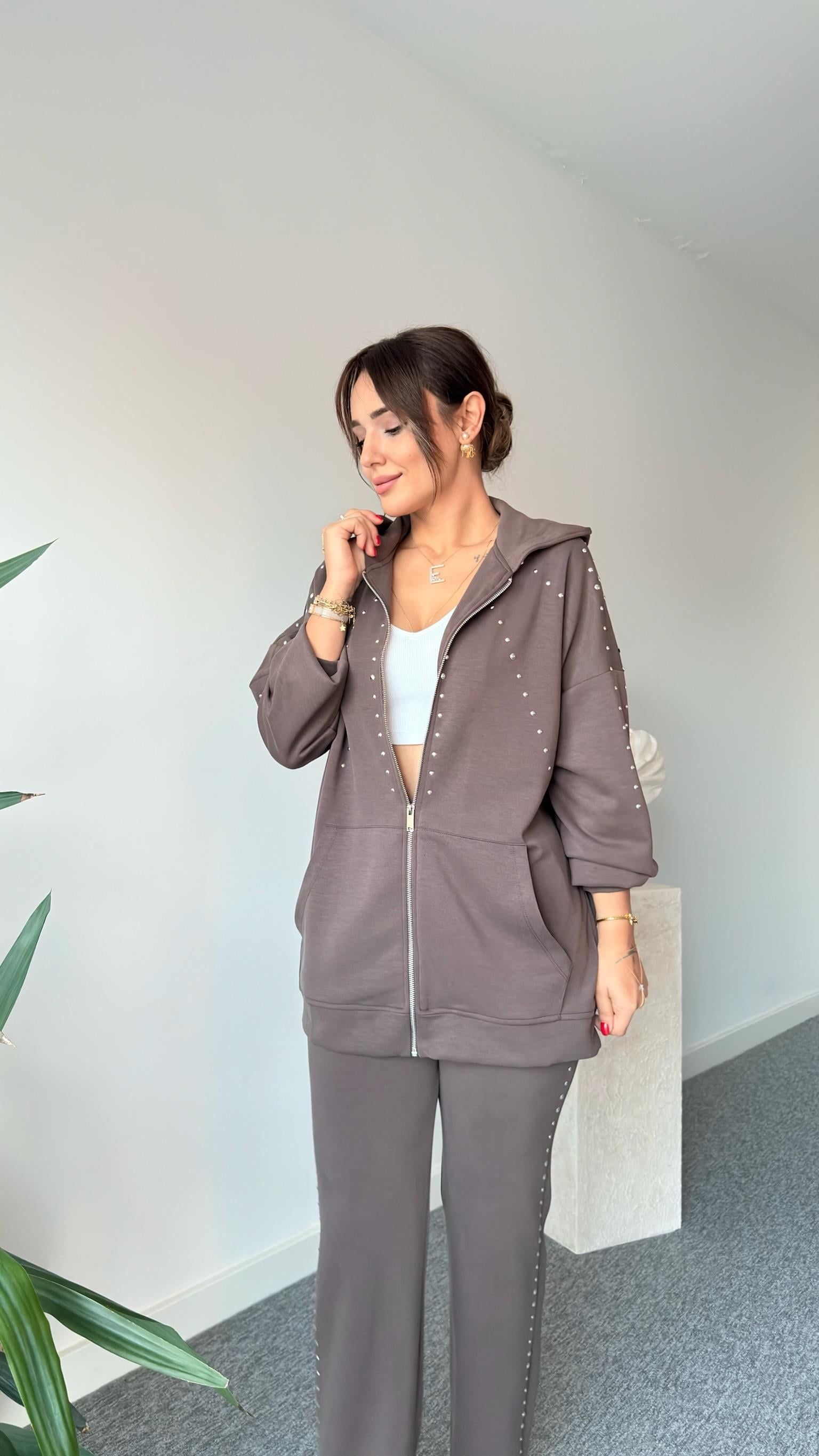 Kahve Zımbalı Kapüşonlu Modal Takım