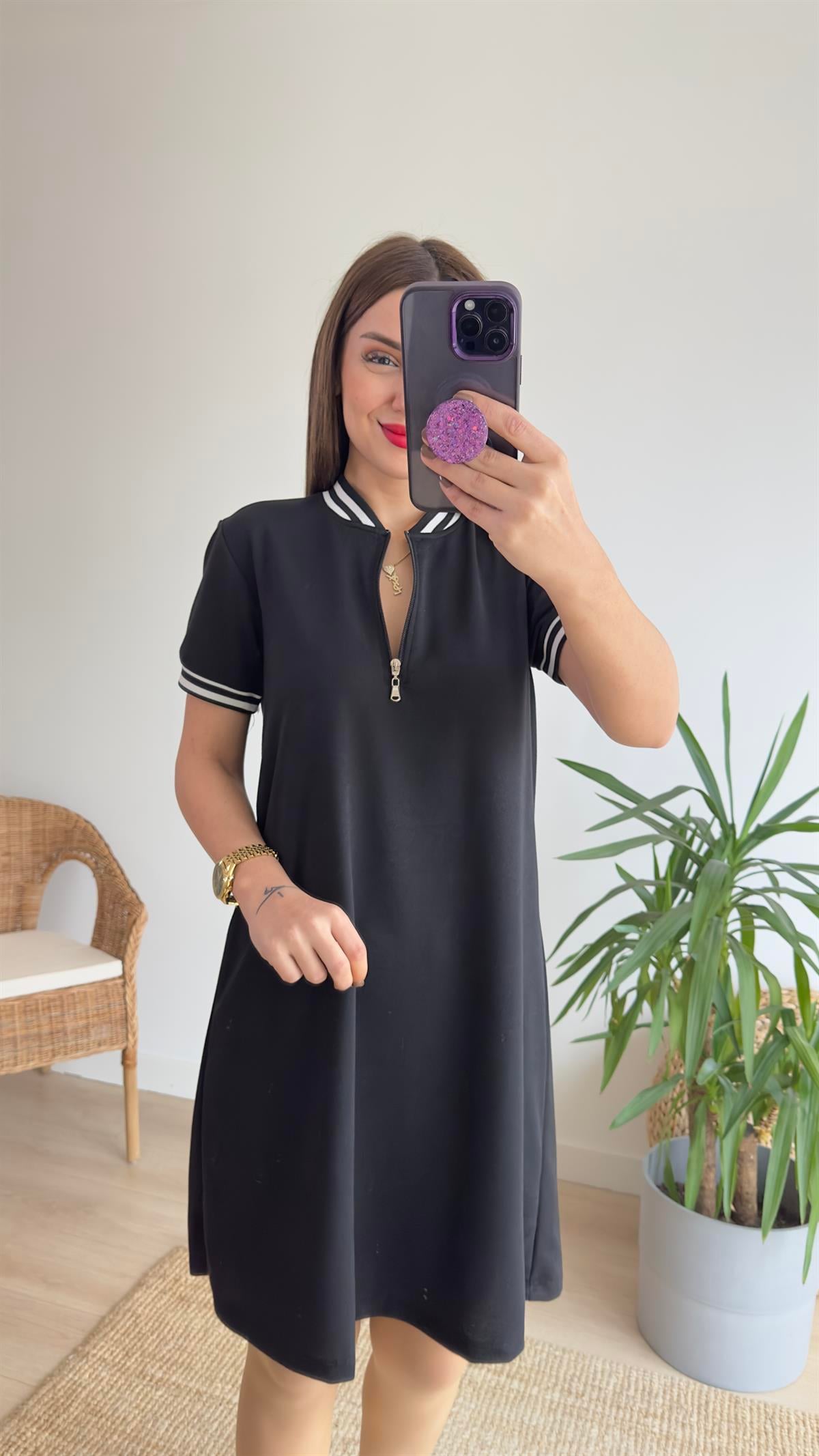 Ribanalı Fermuar Detay Siyah Elbise 