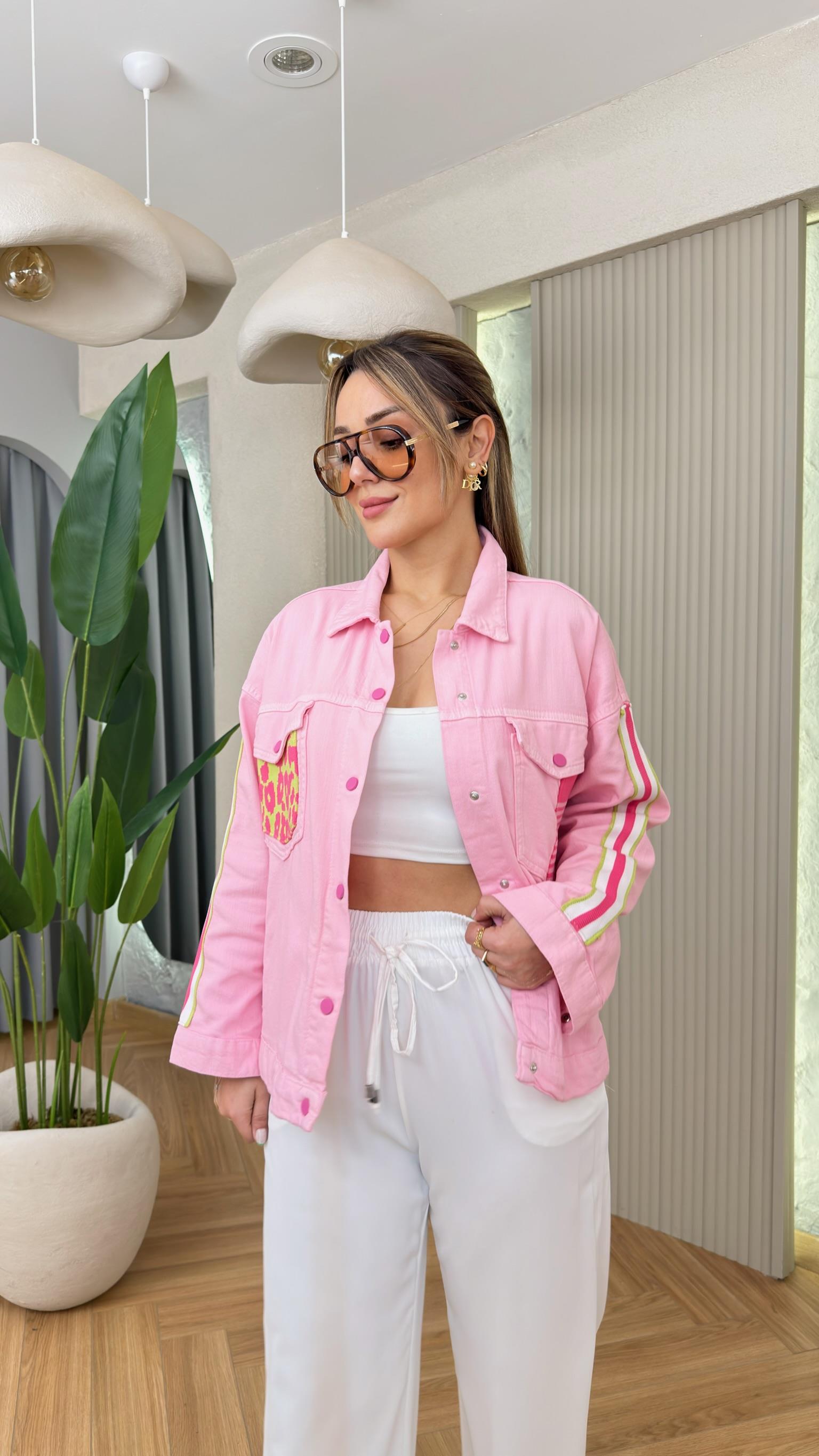 Pembe Rosali Cep Leopar Tasarım Ceket