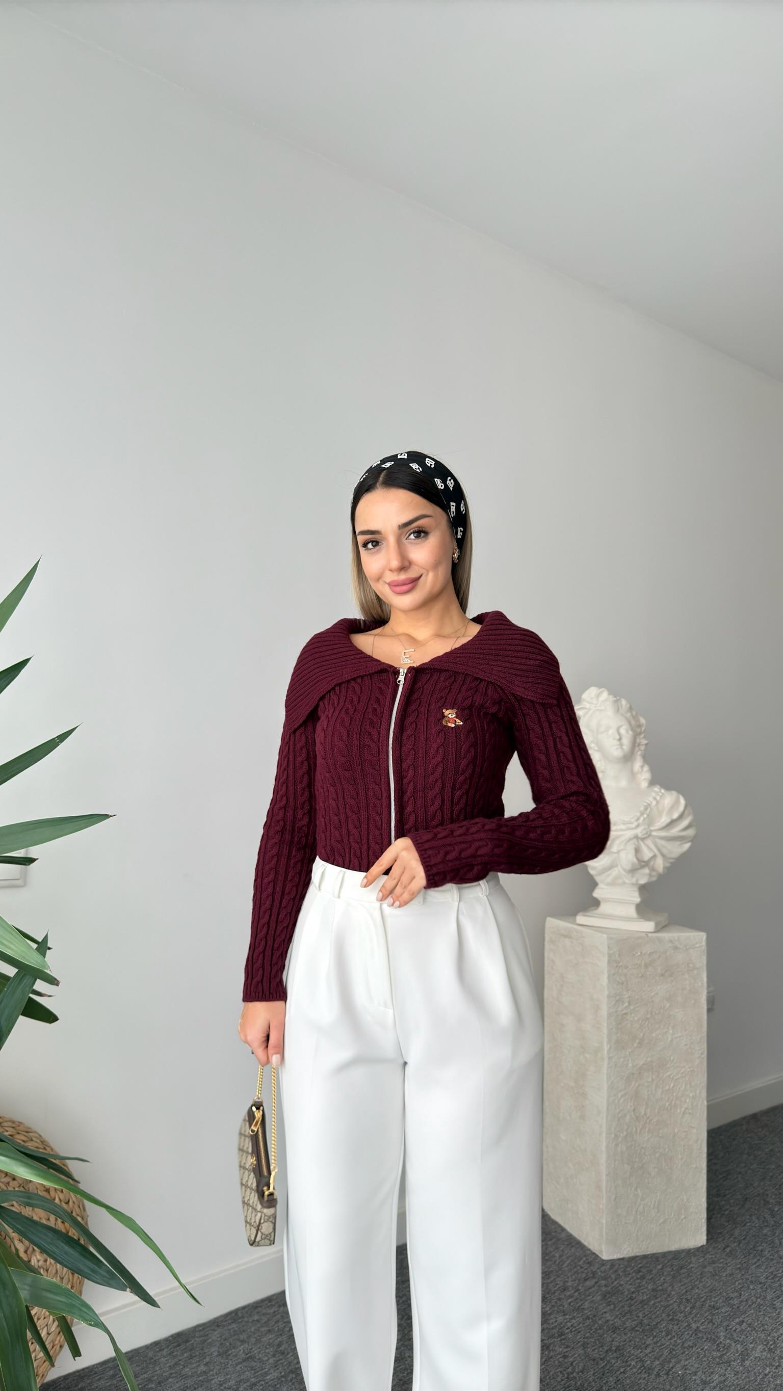 Bordo Prava Fermuarlı Kazak